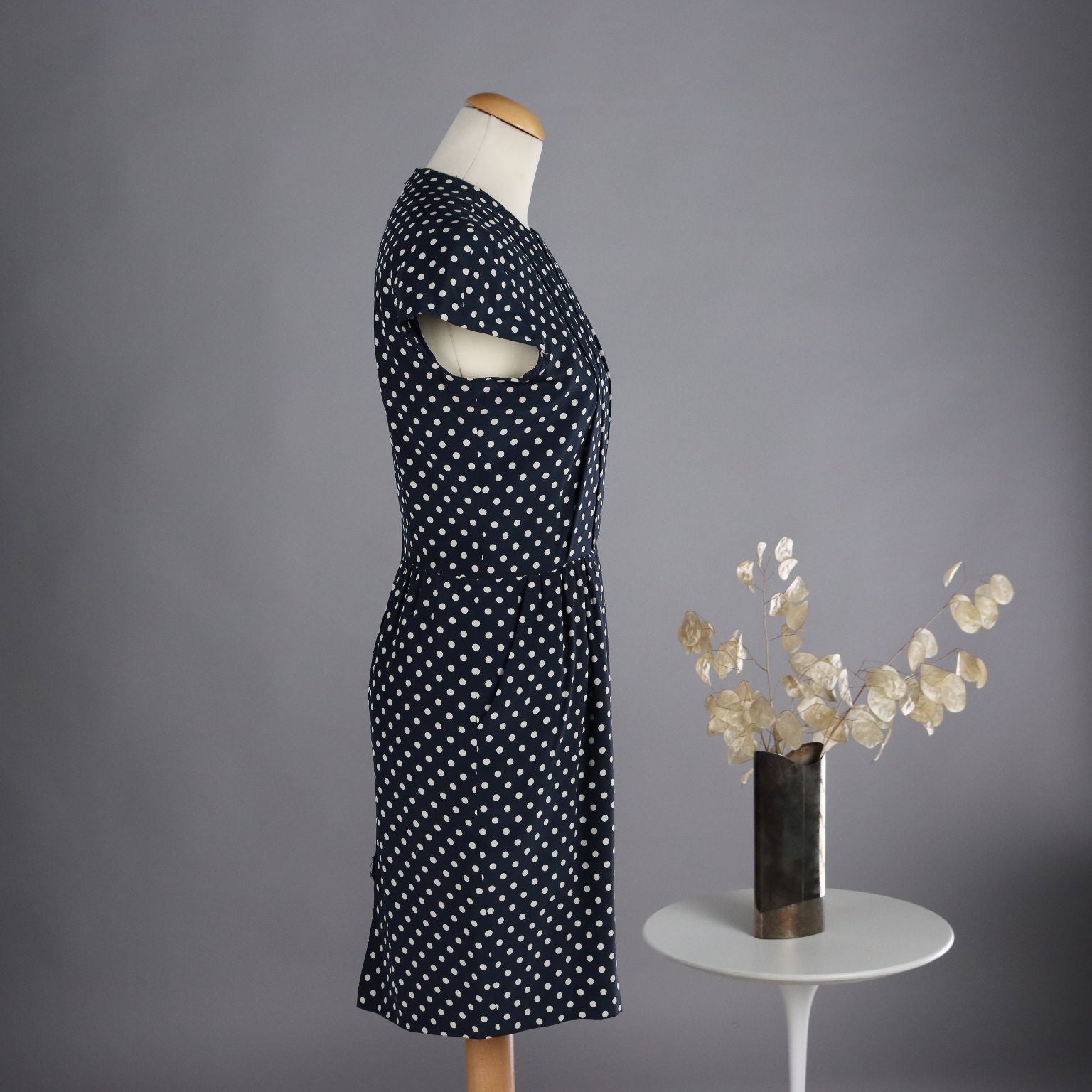 Vintage Dress by Pinuccia Botondi Size 6 1990s Blue Silk White Dots - Size 6 | Clothing & House Linens  Vintage