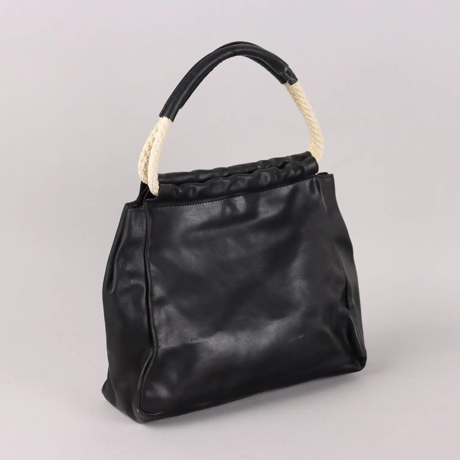 Vintage Furla Bag Black Leather Cord Handles Italy