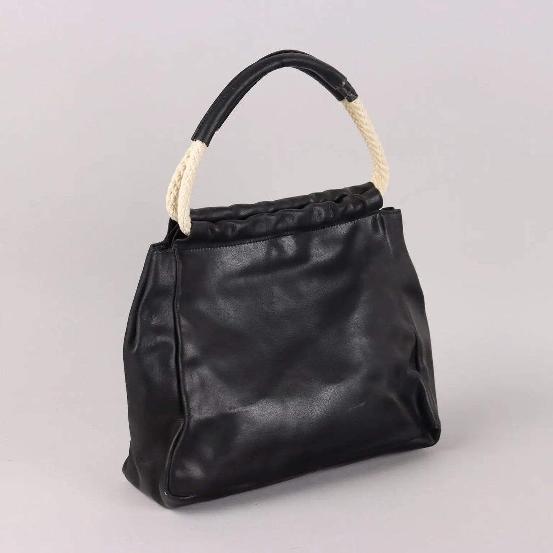 Vintage Furla Bag Black Leather Cord Handles Italy