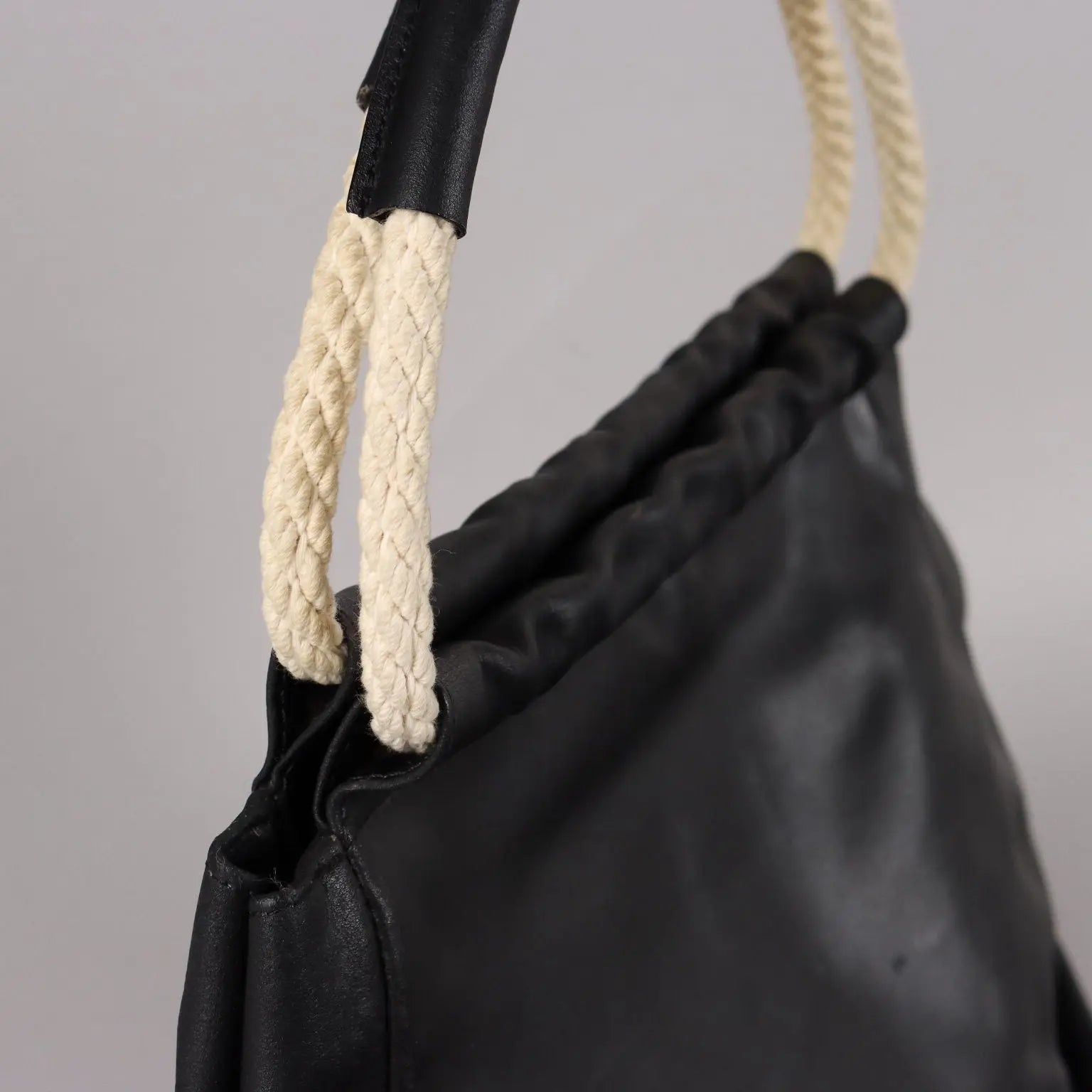 Vintage Furla Bag Black Leather Cord Handles Italy