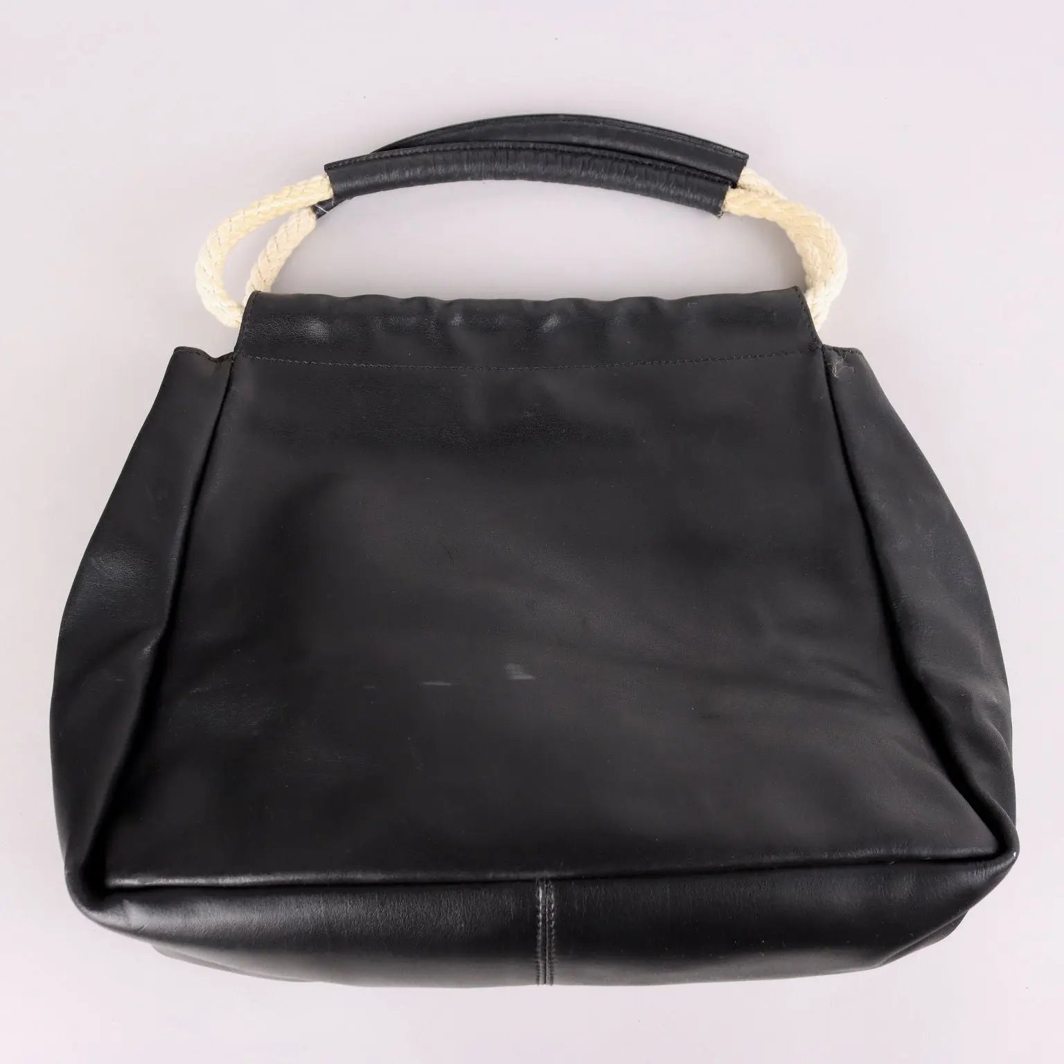 Vintage Furla Bag Black Leather Cord Handles Italy