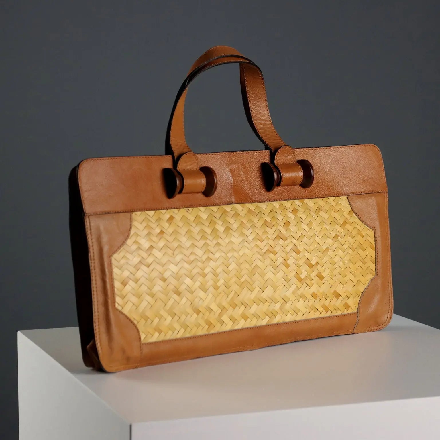 Vintage Handbag Leather Straw Wooden Details Italy 1950s | Clothing & House Linens | Vintage