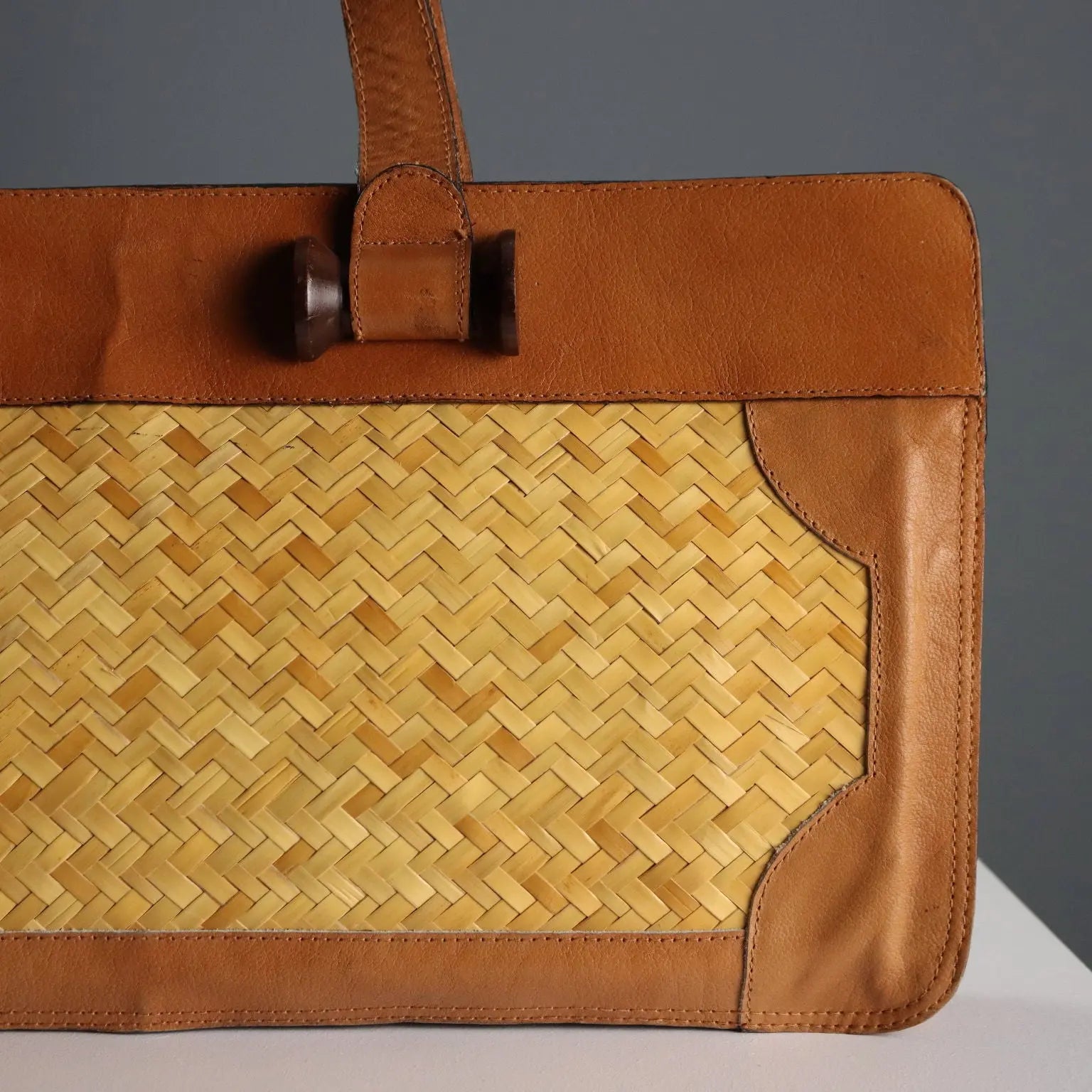 Vintage Handbag Leather Straw Wooden Details Italy 1950s | Clothing & House Linens | Vintage