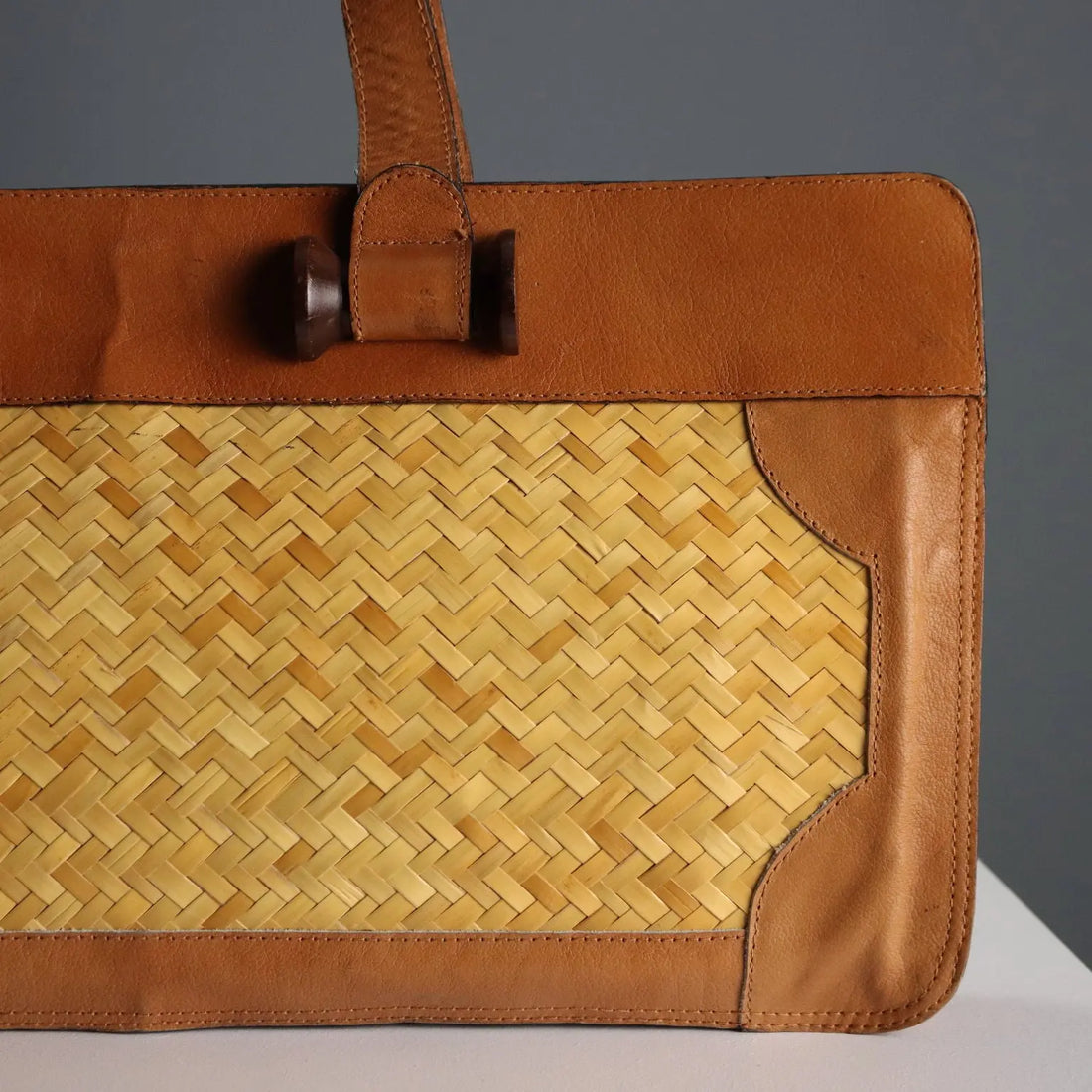 Vintage Handbag Leather Straw Wooden Details Italy 1950s | Clothing & House Linens | Vintage