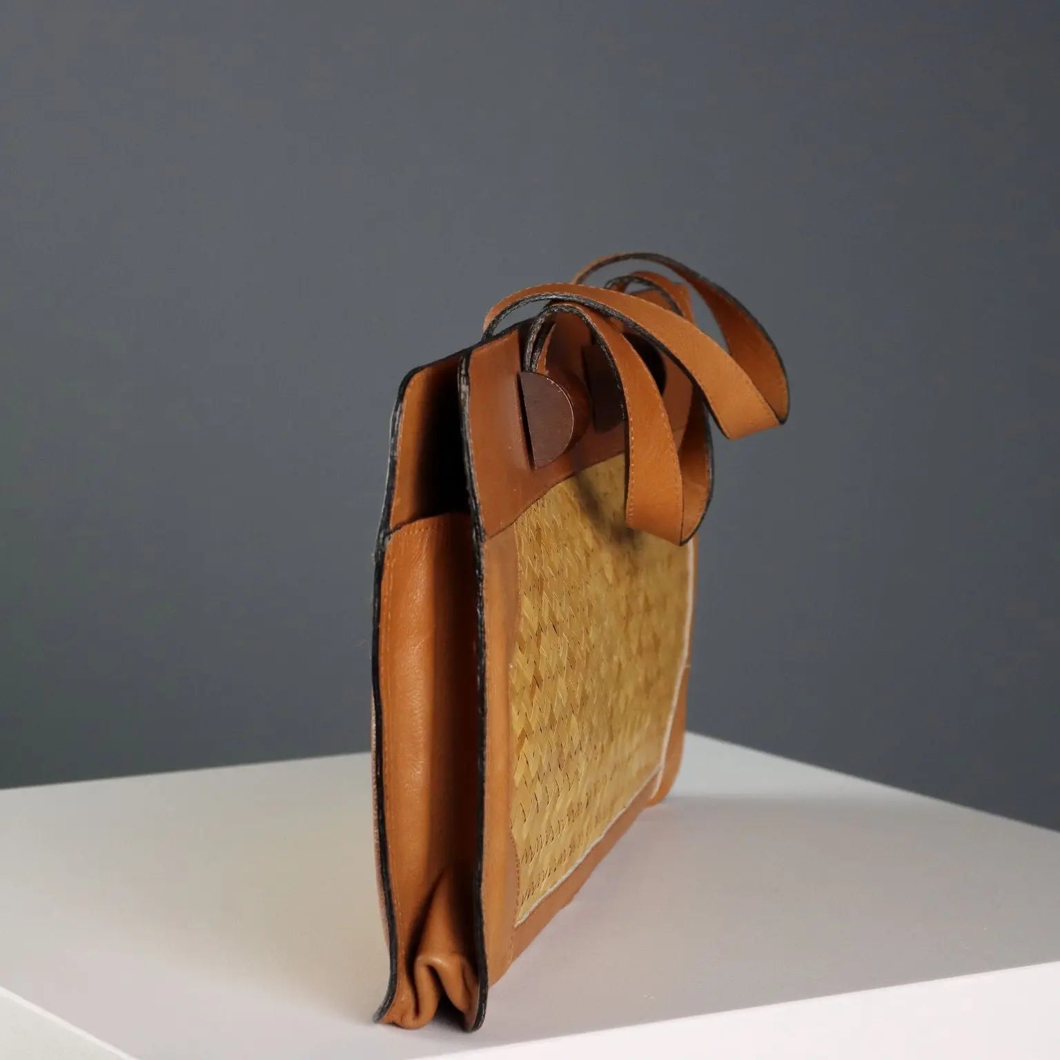 Vintage Handbag Leather Straw Wooden Details Italy 1950s | Clothing & House Linens | Vintage