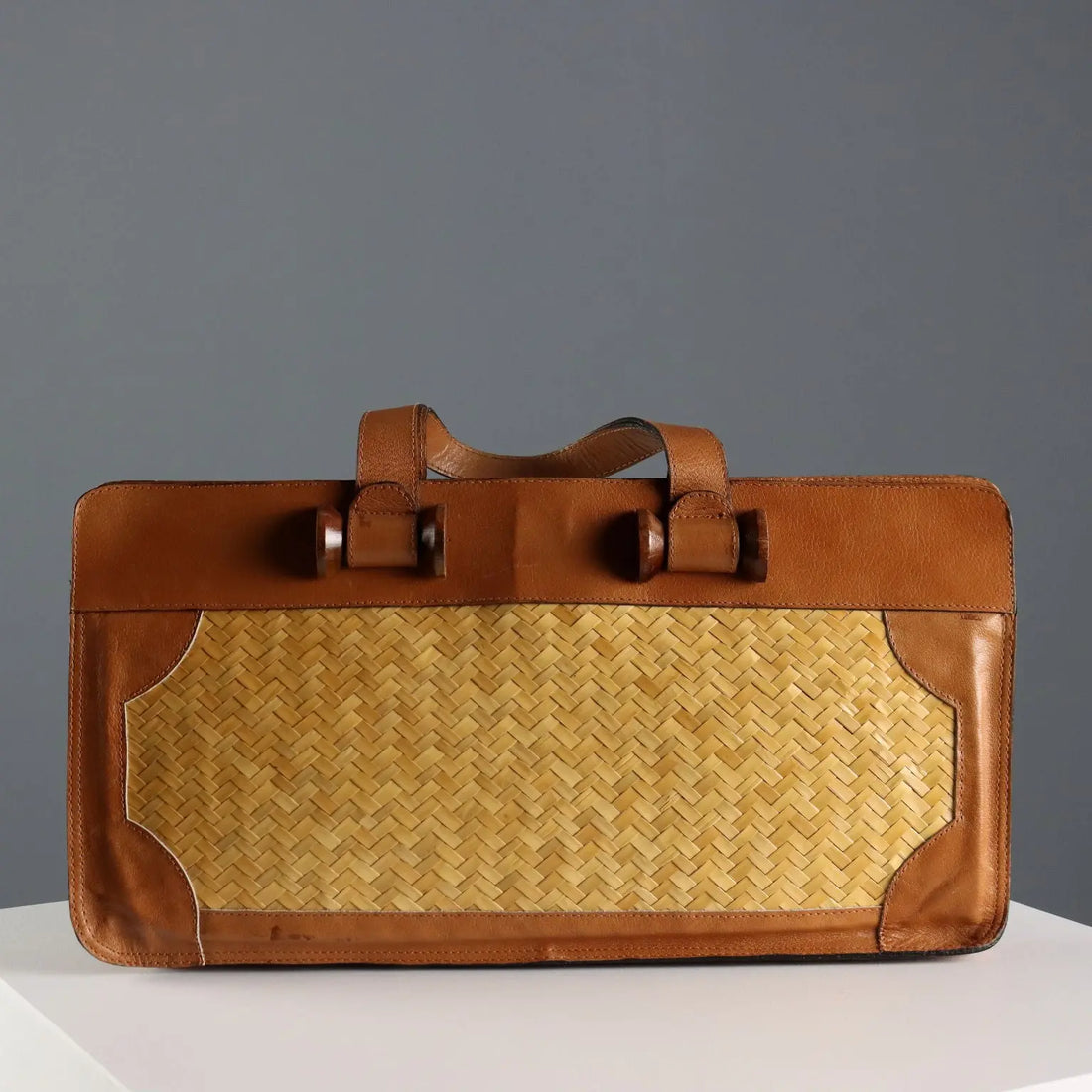 Vintage Handbag Leather Straw Wooden Details Italy 1950s | Clothing & House Linens | Vintage