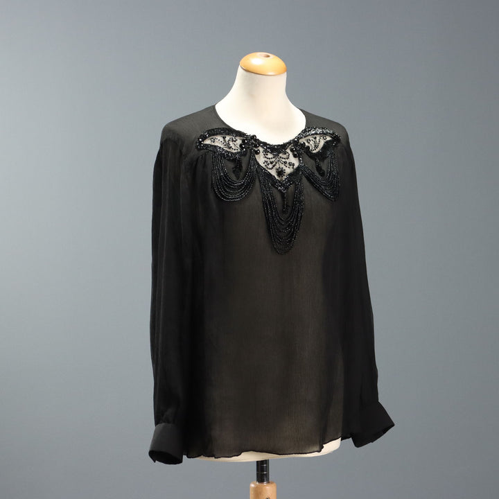 Vintage Silk Blouse with Leather Embroideries UK Size 14 1970s-80s