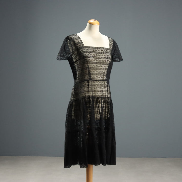 Vintage Black Sheer Lace Dress UK Size 14 Italy 1970s-80s
