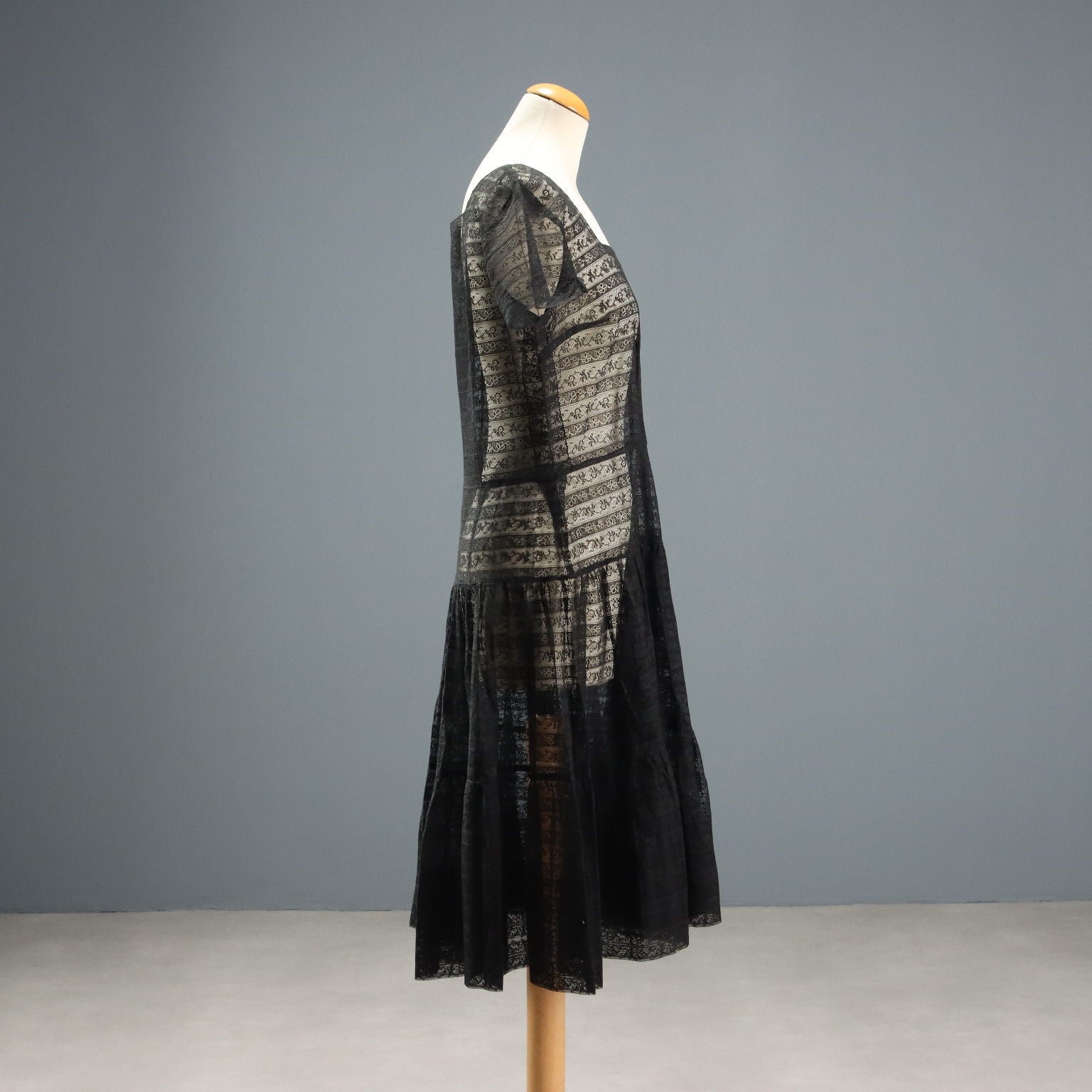 Vintage Black Sheer Lace Dress UK Size 14 Italy 1970s-80s