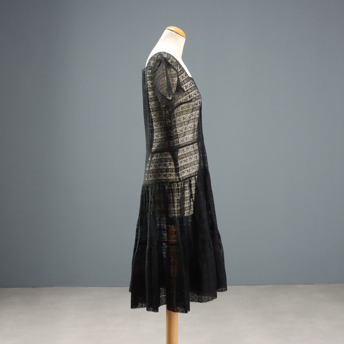 Vintage Black Sheer Lace Dress UK Size 14 Italy 1970s-80s