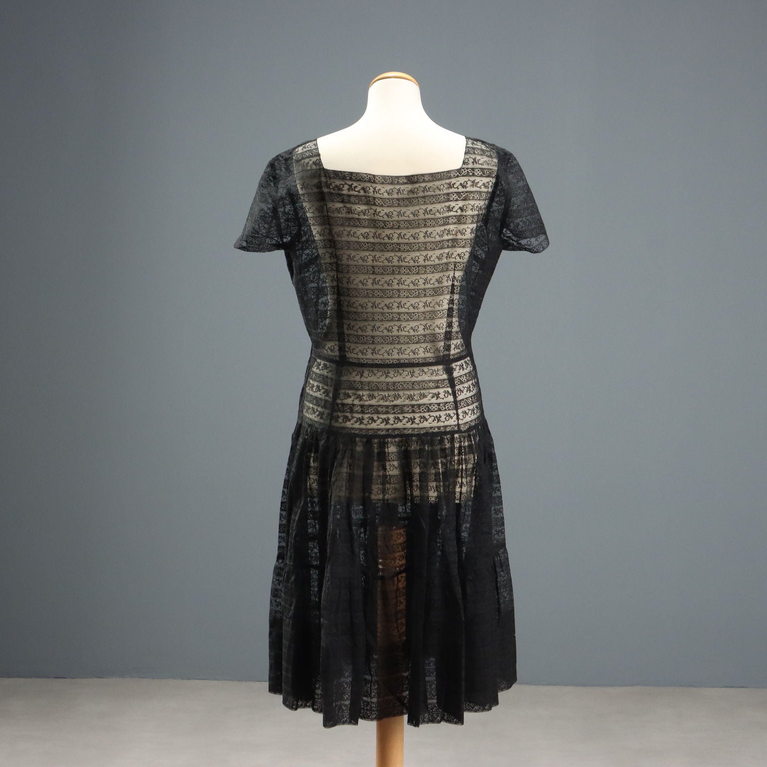 Vintage Black Sheer Lace Dress UK Size 14 Italy 1970s-80s