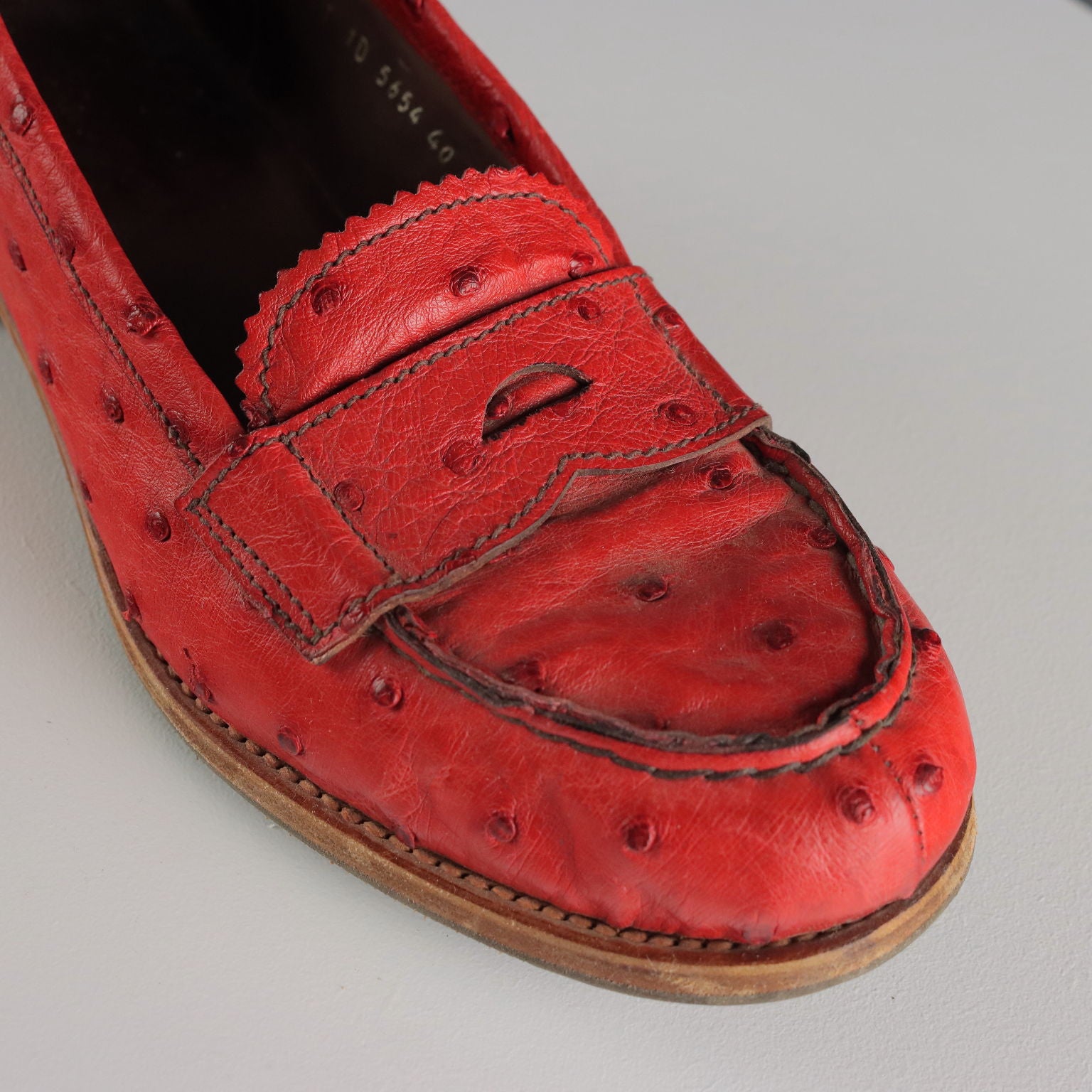 Prada Loafers Vintage Red Ostrich Leather UK Size 7 Italy 1990s