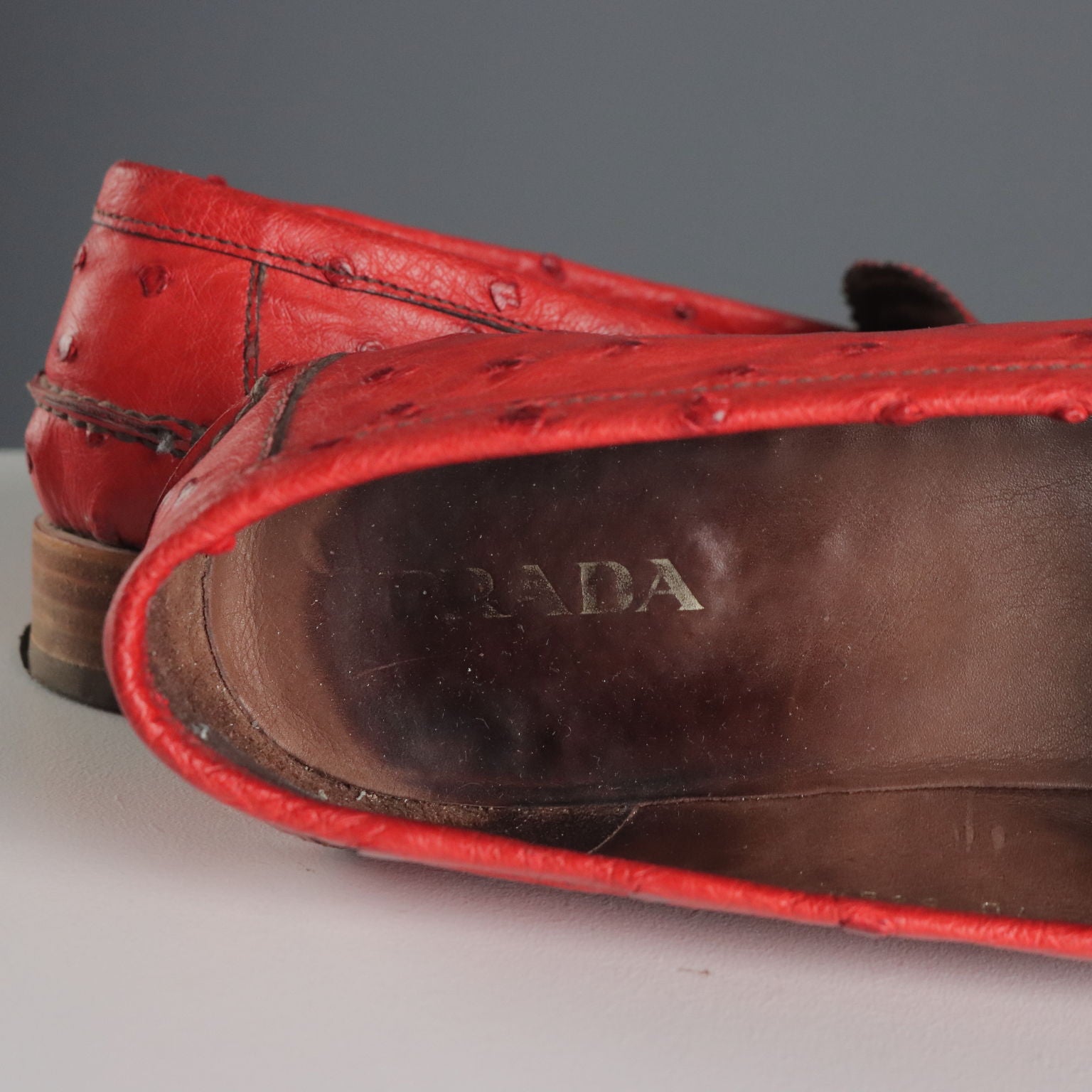 Prada Loafers Vintage Red Ostrich Leather UK Size 7 Italy 1990s