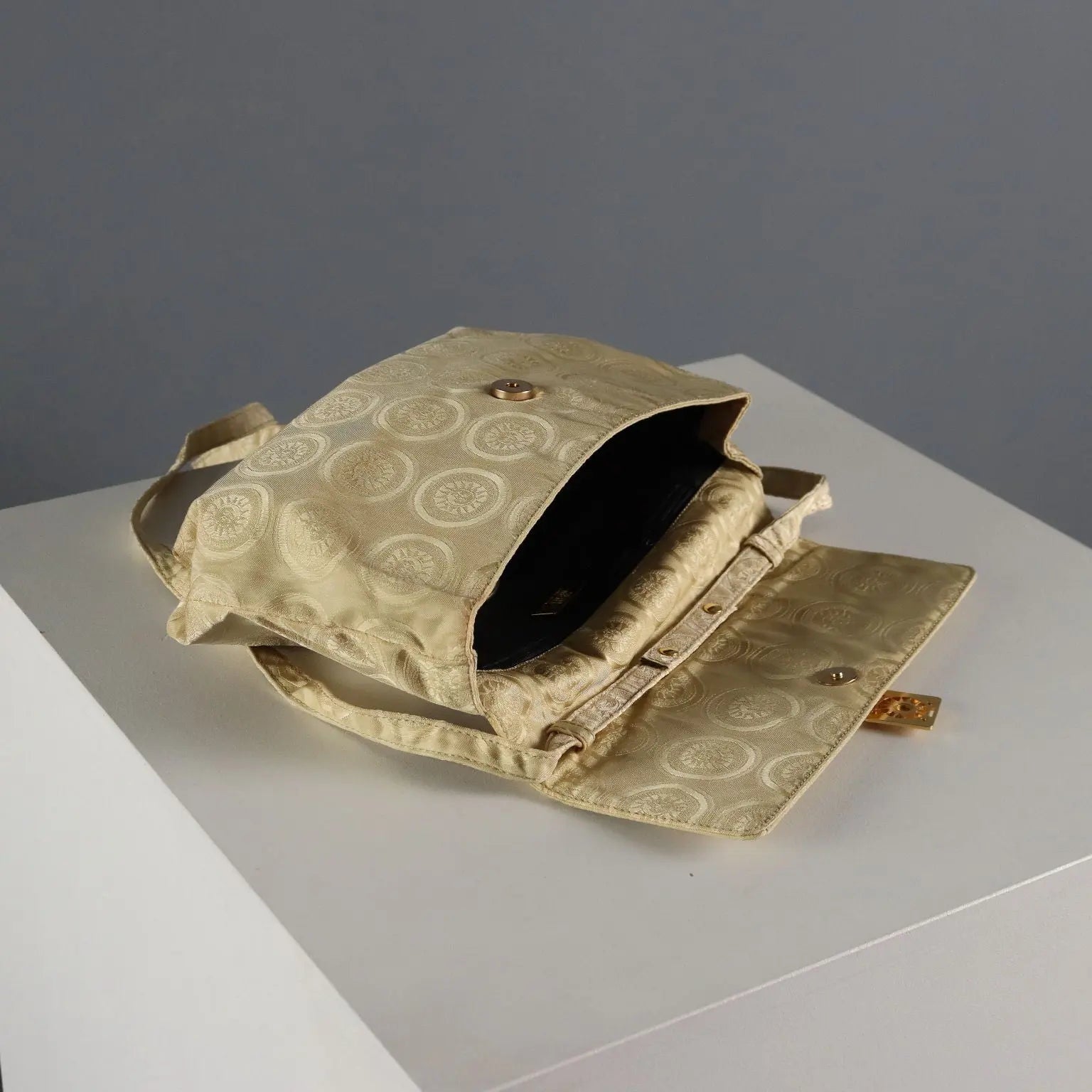 Versace Vintage Bag Beige Fabric Metal Italy 1990s | Clothing & House Linens | Vintage