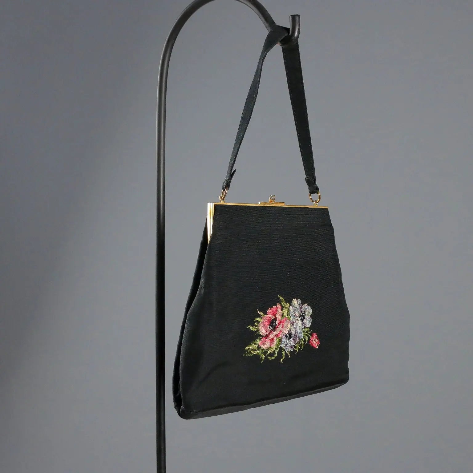 Vintage Evening Bag Black Ottoman Flower Embroidery 1950s-60s