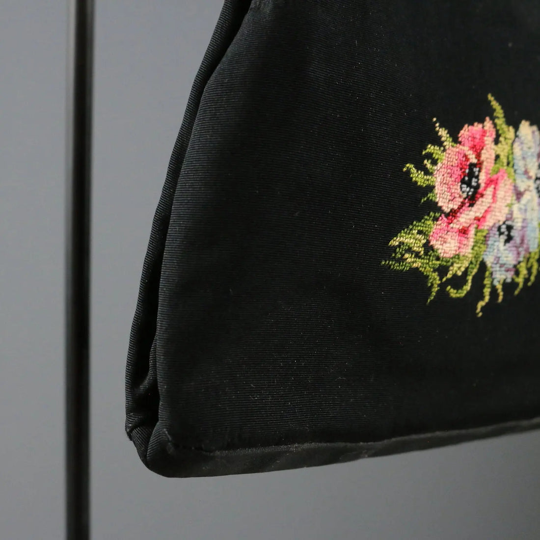 Vintage Evening Bag Black Ottoman Flower Embroidery 1950s-60s