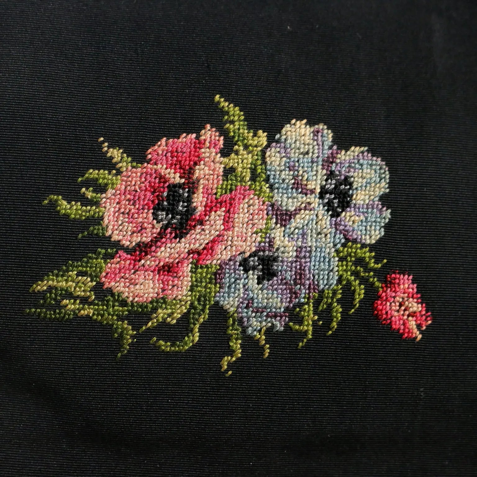Vintage Evening Bag Black Ottoman Flower Embroidery 1950s-60s