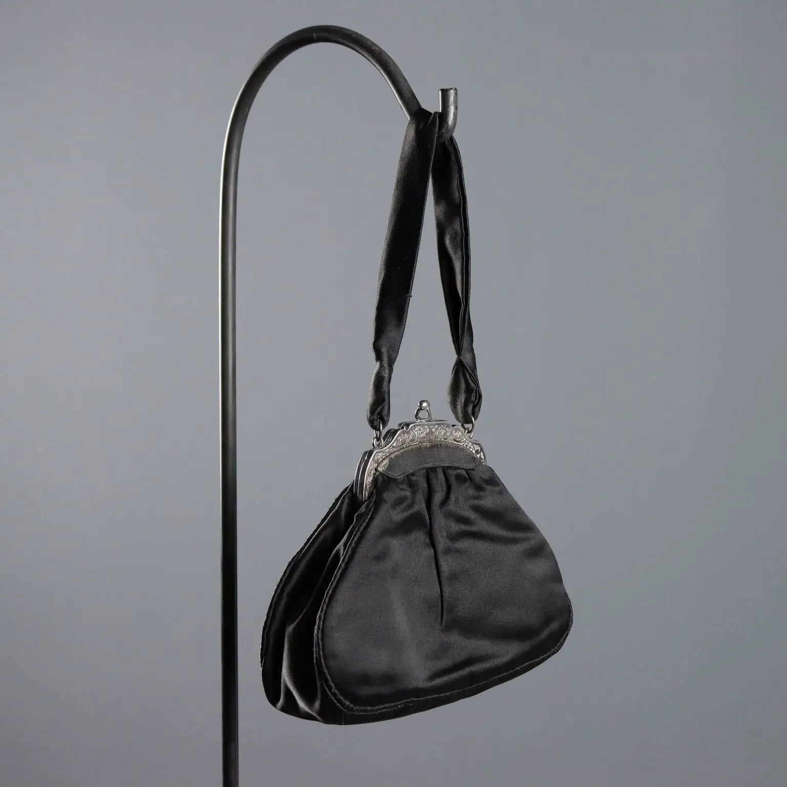 Vintage Evening Bag Black Satin Silver Italy 1950s-1960s