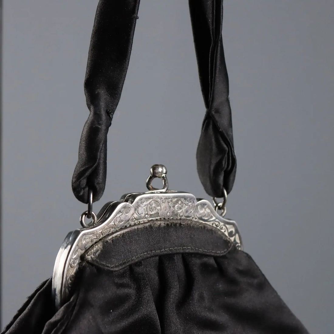 Vintage Evening Bag Black Satin Silver Italy 1950s-1960s