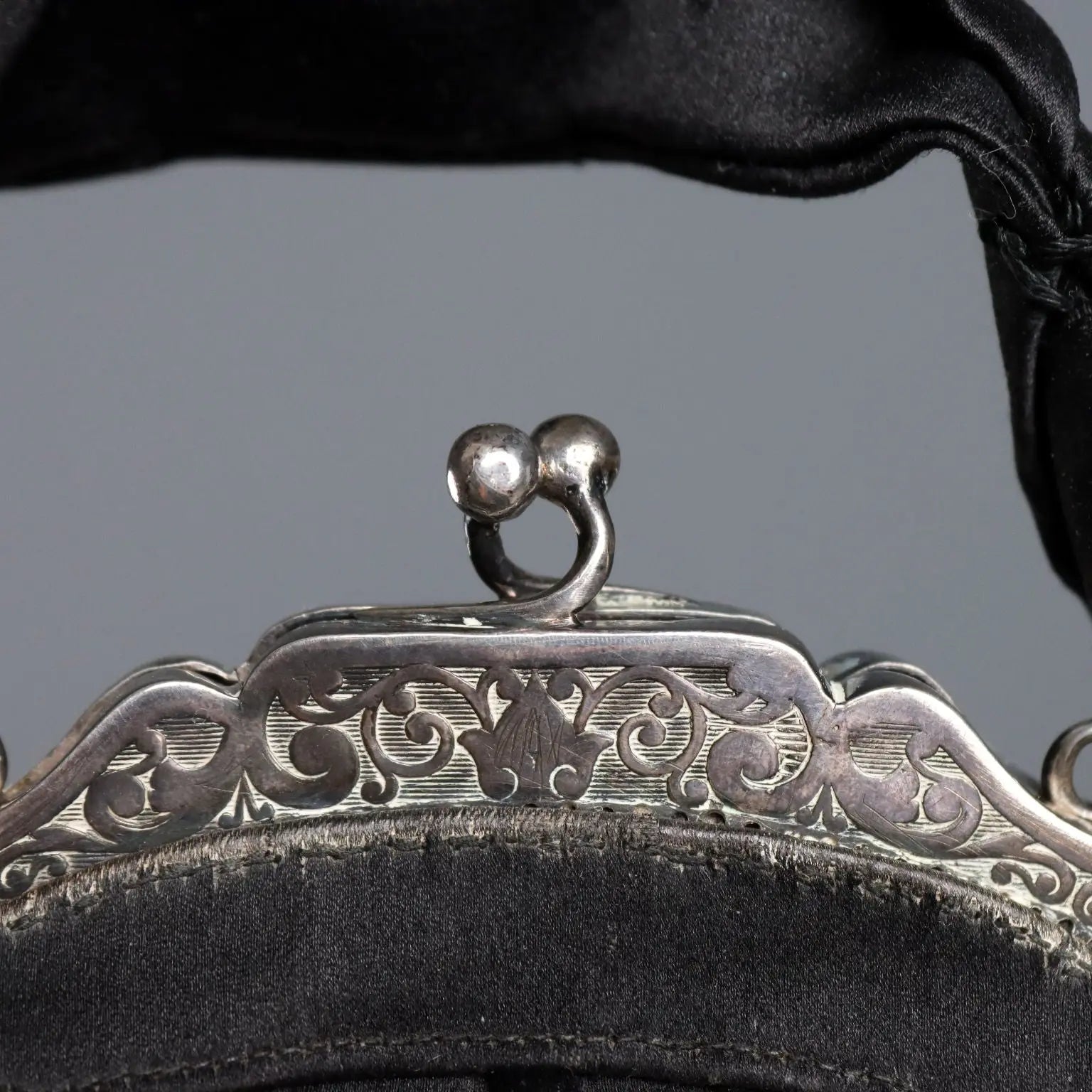 Vintage Evening Bag Black Satin Silver Italy 1950s-1960s
