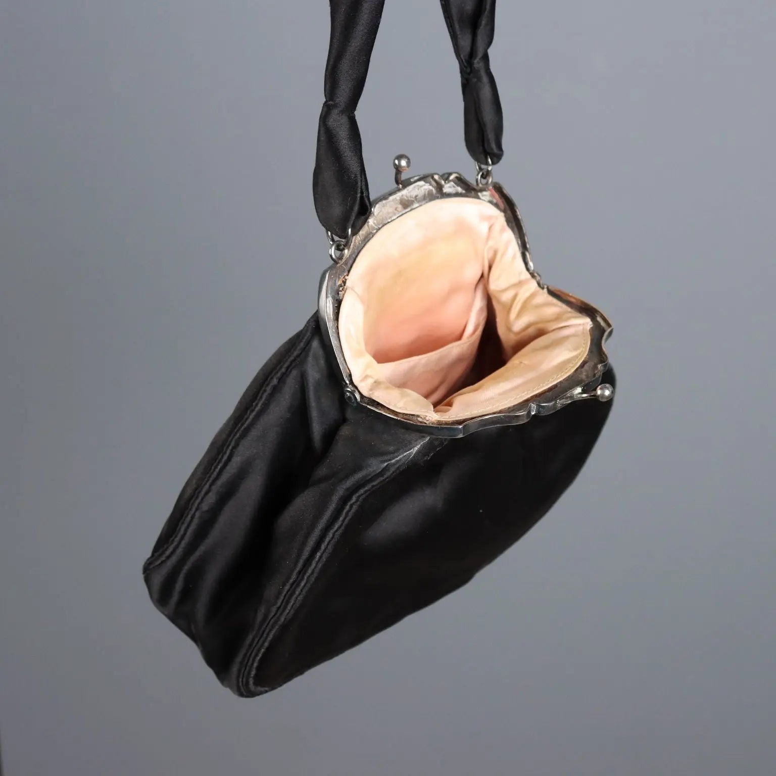 Vintage Evening Bag Black Satin Silver Italy 1950s-1960s
