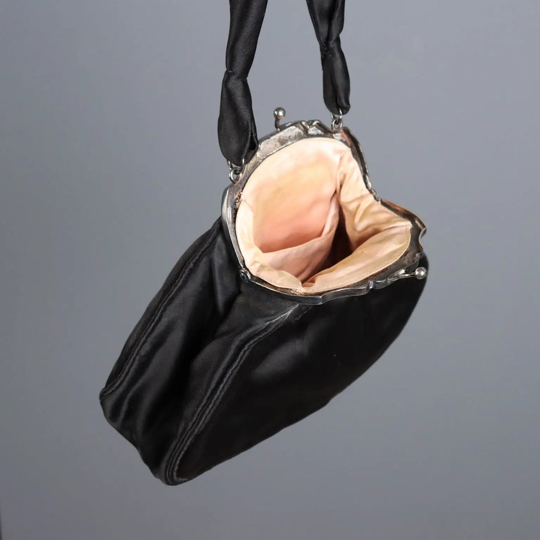 Vintage Evening Bag Black Satin Silver Italy 1950s-1960s