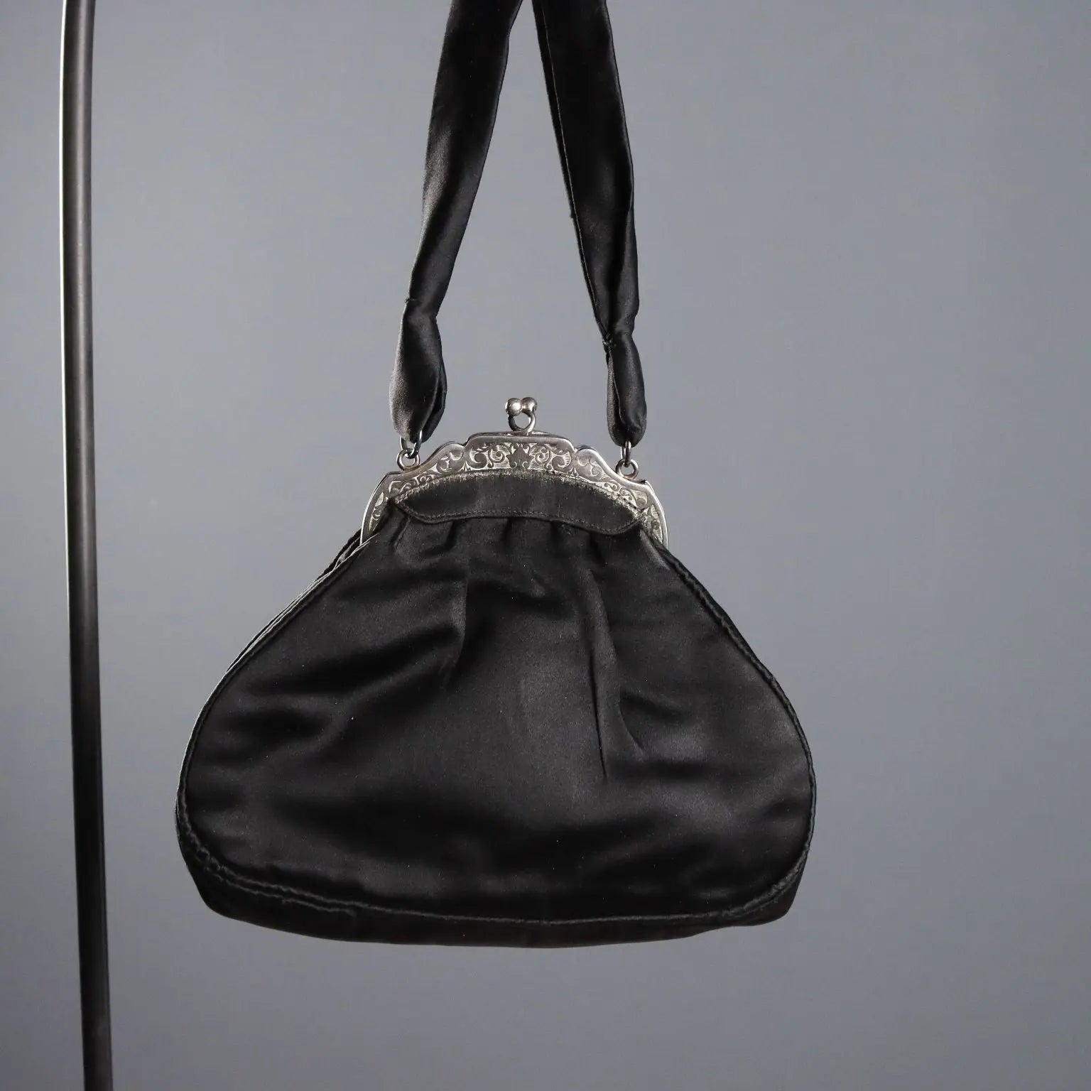 Vintage Evening Bag Black Satin Silver Italy 1950s-1960s