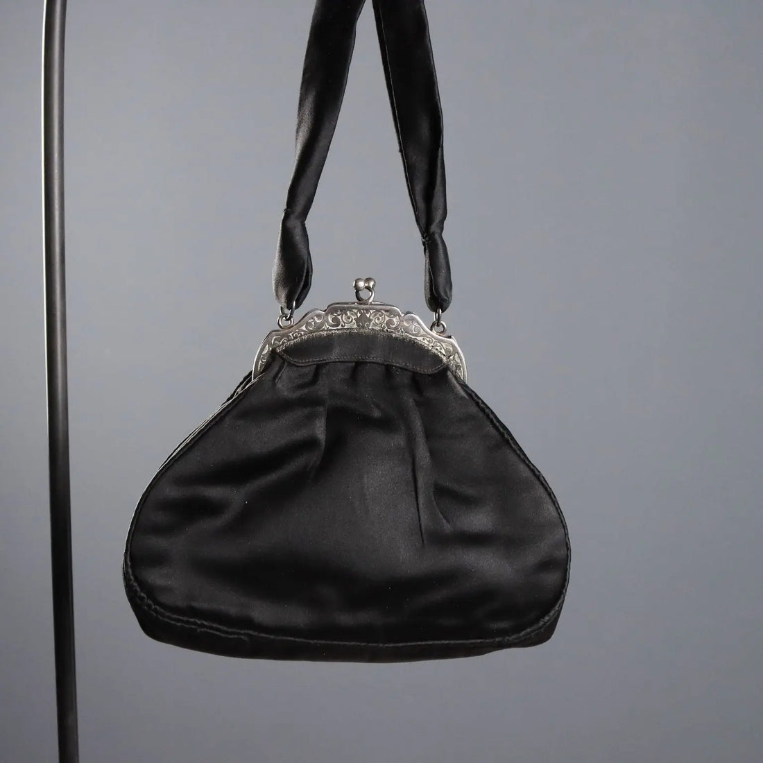 Vintage Evening Bag Black Satin Silver Italy 1950s-1960s