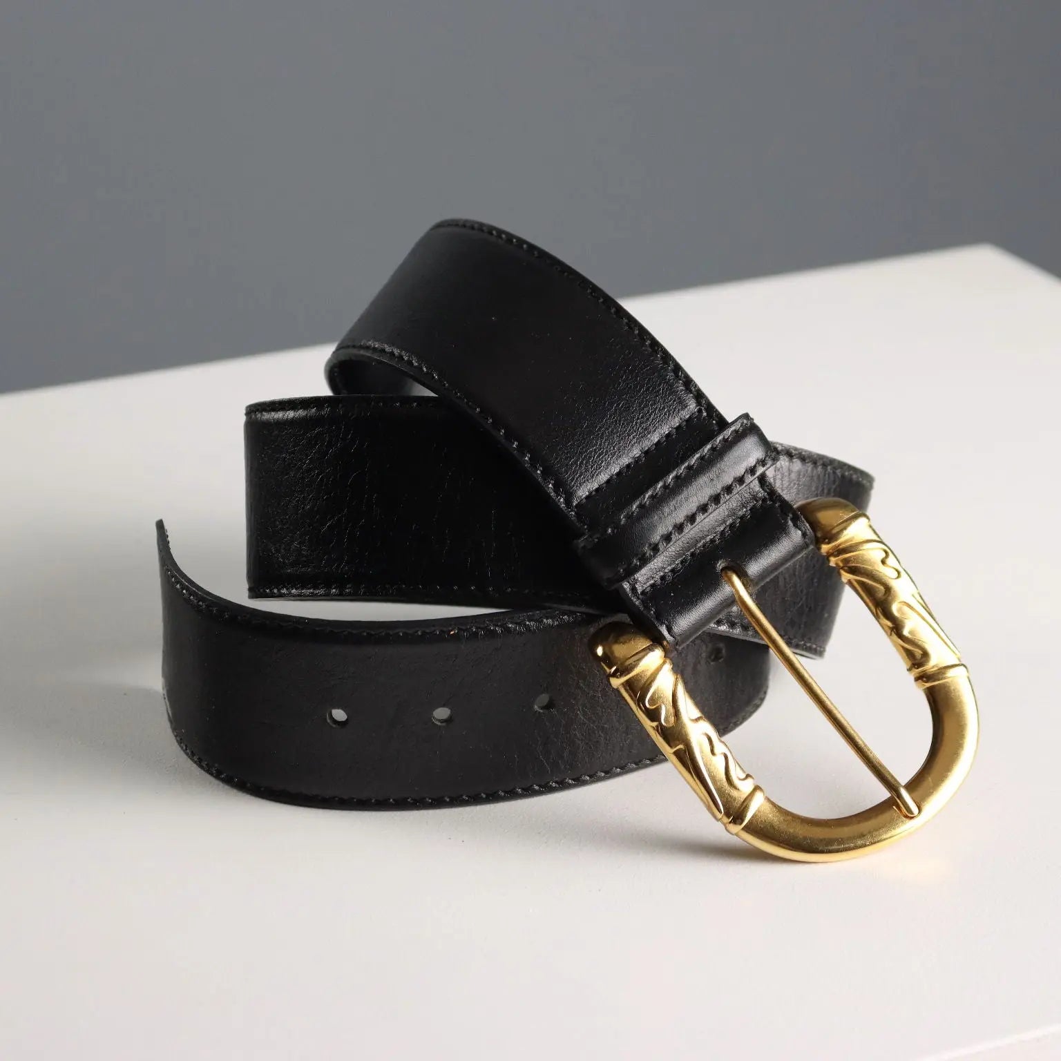 Escada Black Vintage Belt Black Leather Metal Germany 1980s-90s