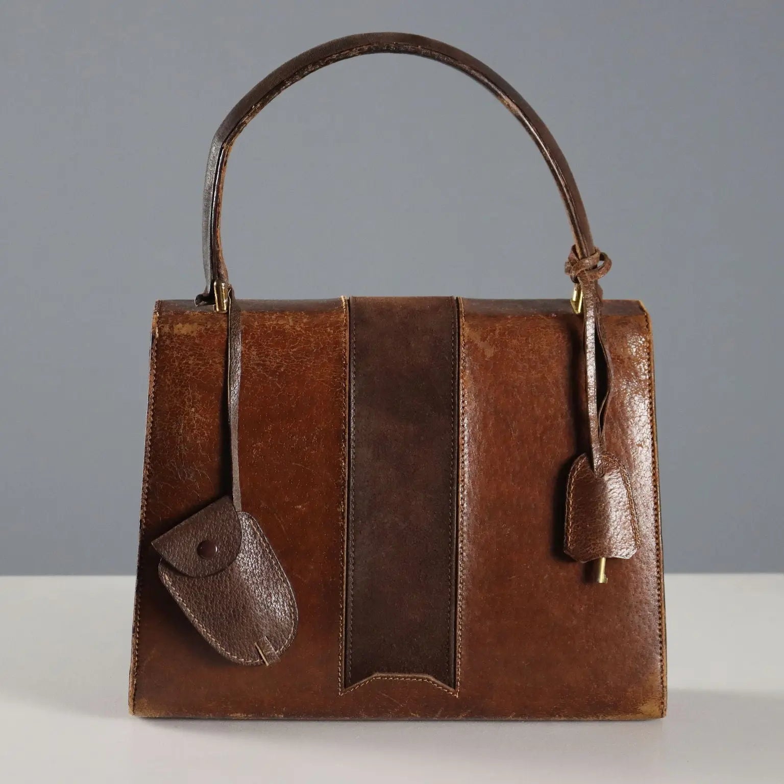 Gucci Vintage Brown Leather Bag Metal Italy 1960s