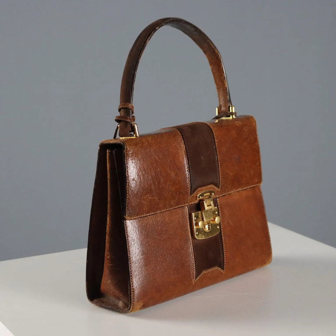 Gucci Vintage Brown Leather Bag Metal Italy 1960s