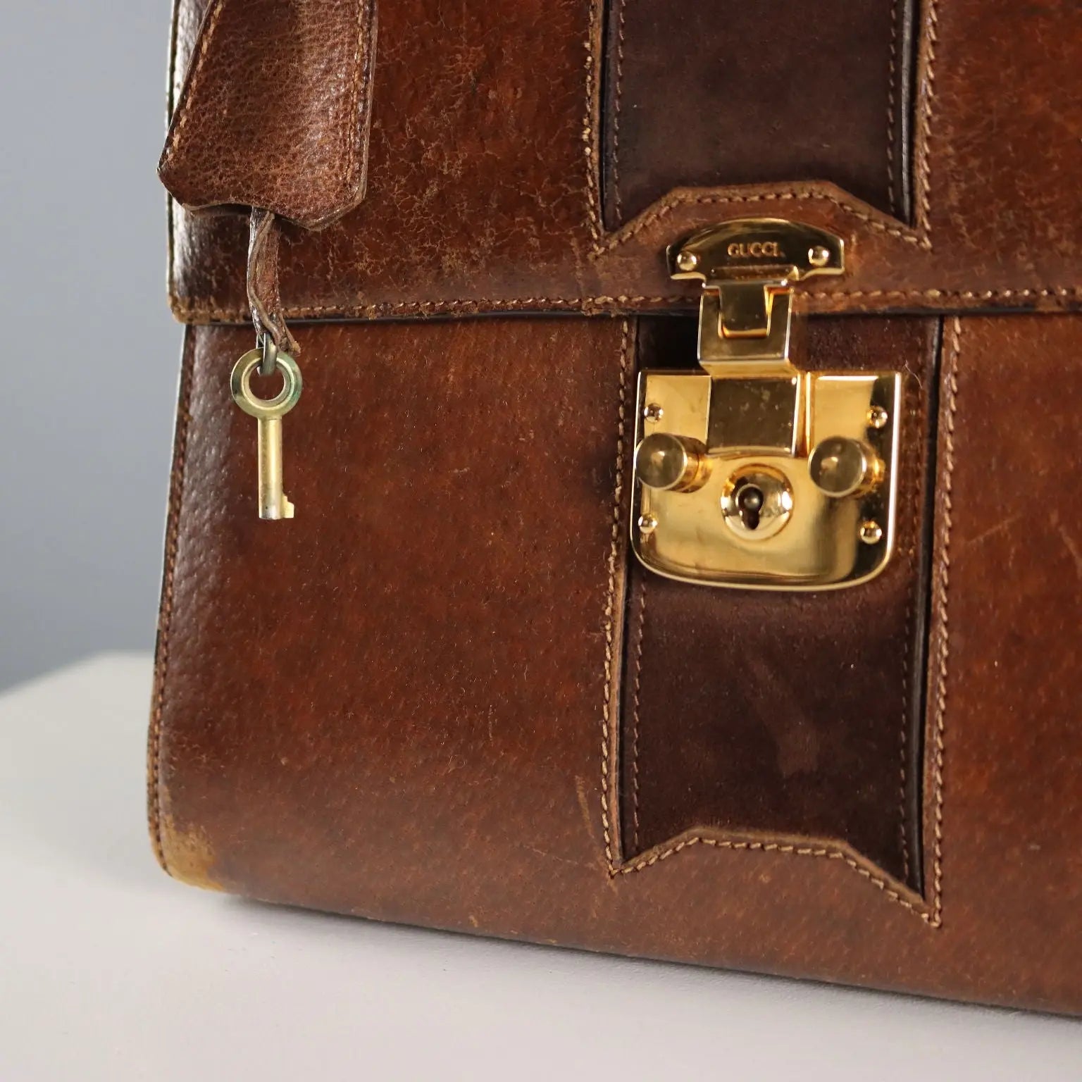 Gucci Vintage Brown Leather Bag Metal Italy 1960s