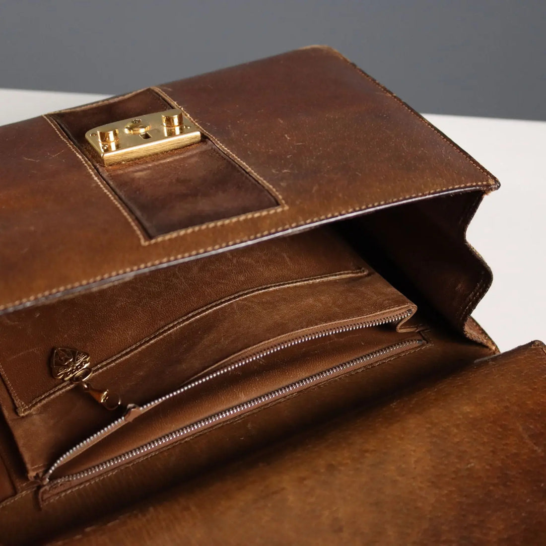 Gucci Vintage Brown Leather Bag Metal Italy 1960s