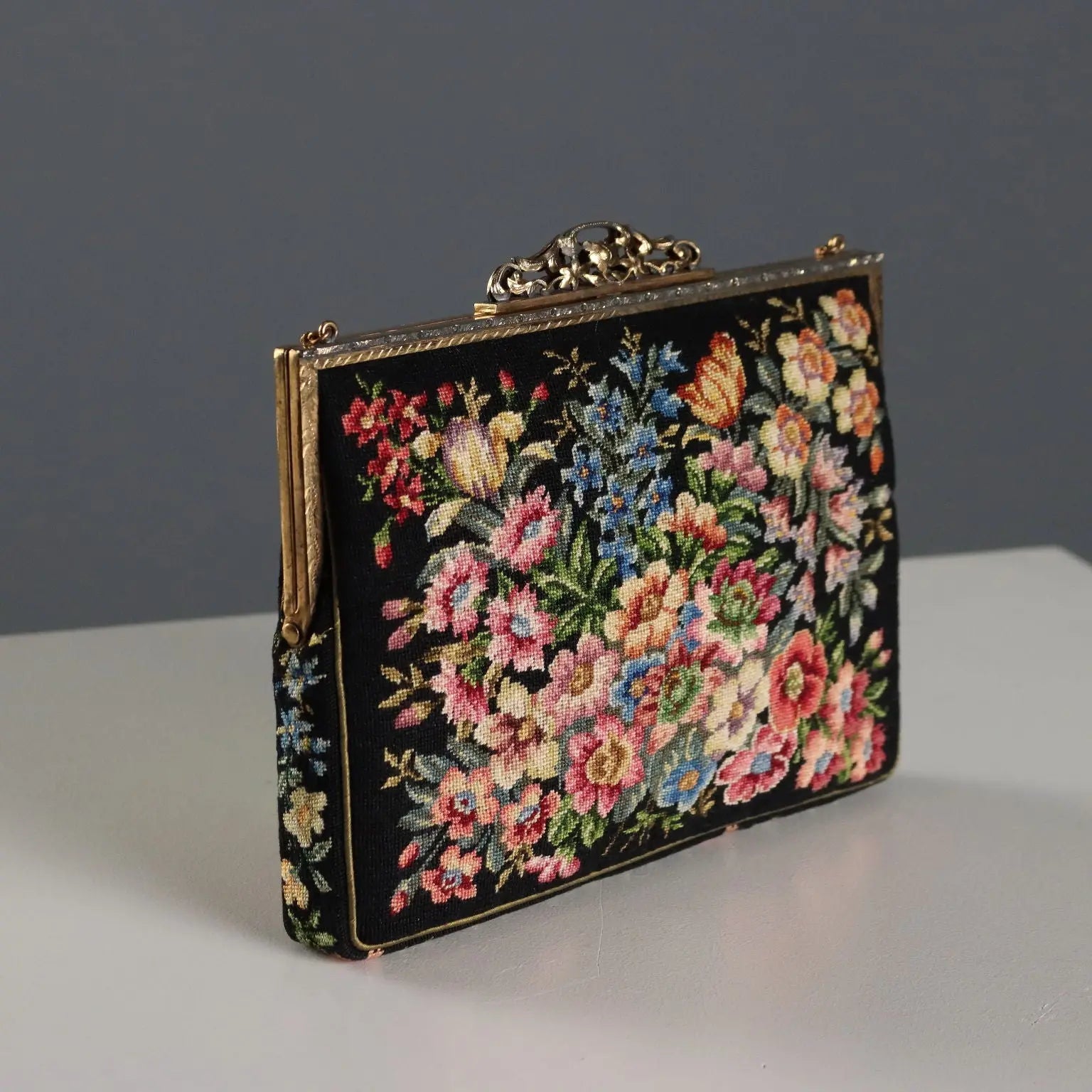 Vintage Petit Point Rectangular Handbag Cotton Italy 1950s-60s