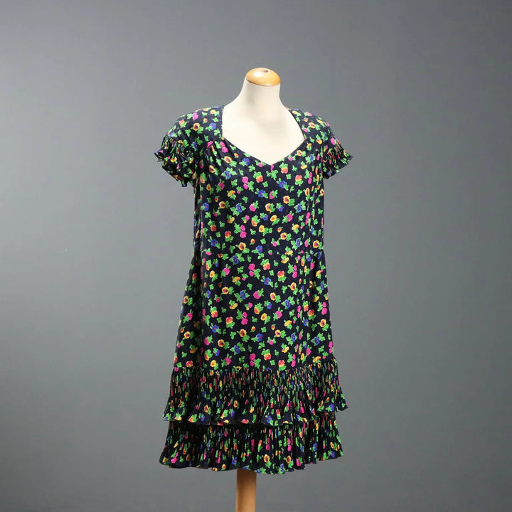 Vintage Dress Flowered Silk Multicoloured UK Size 12 1980s
