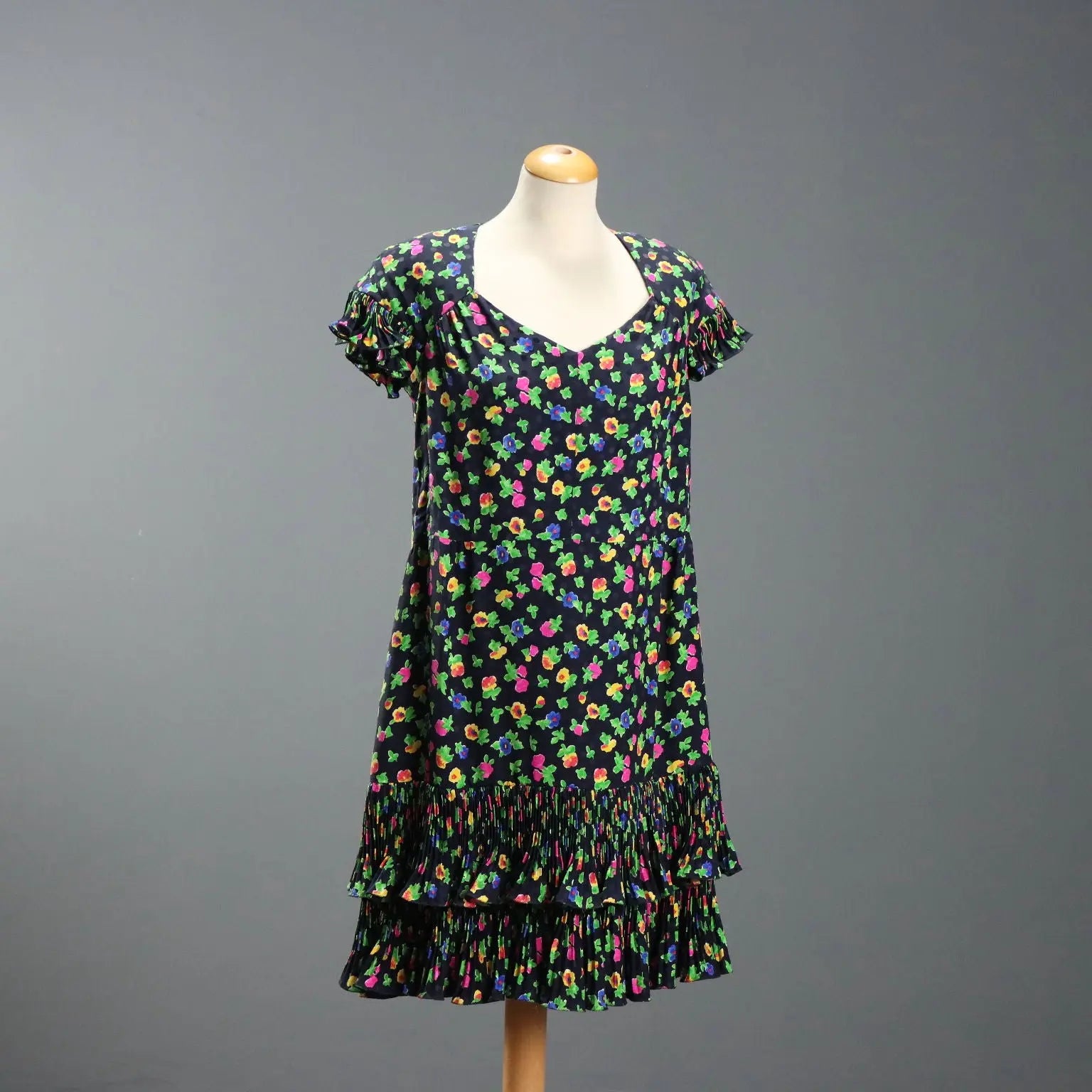 Vintage Dress Flowered Silk Multicoloured UK Size 12 1980s