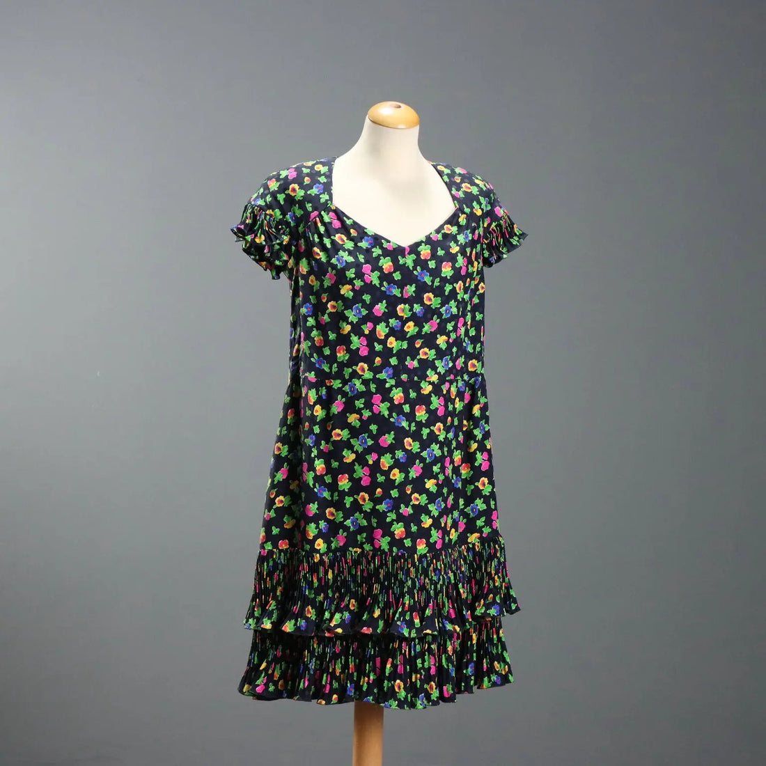 Vintage Dress Flowered Silk Multicoloured UK Size 12 1980s
