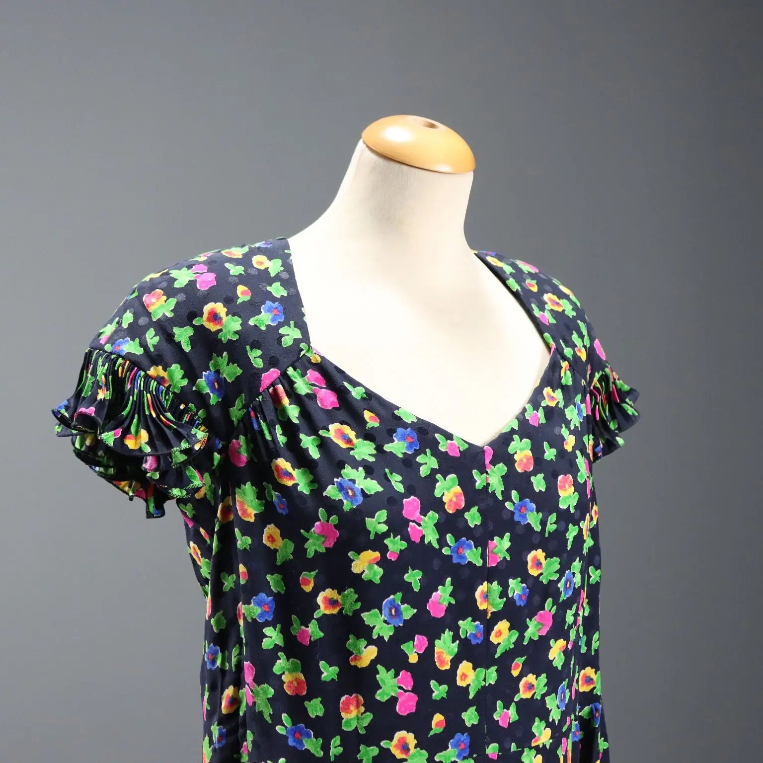 Vintage Dress Flowered Silk Multicoloured UK Size 12 1980s