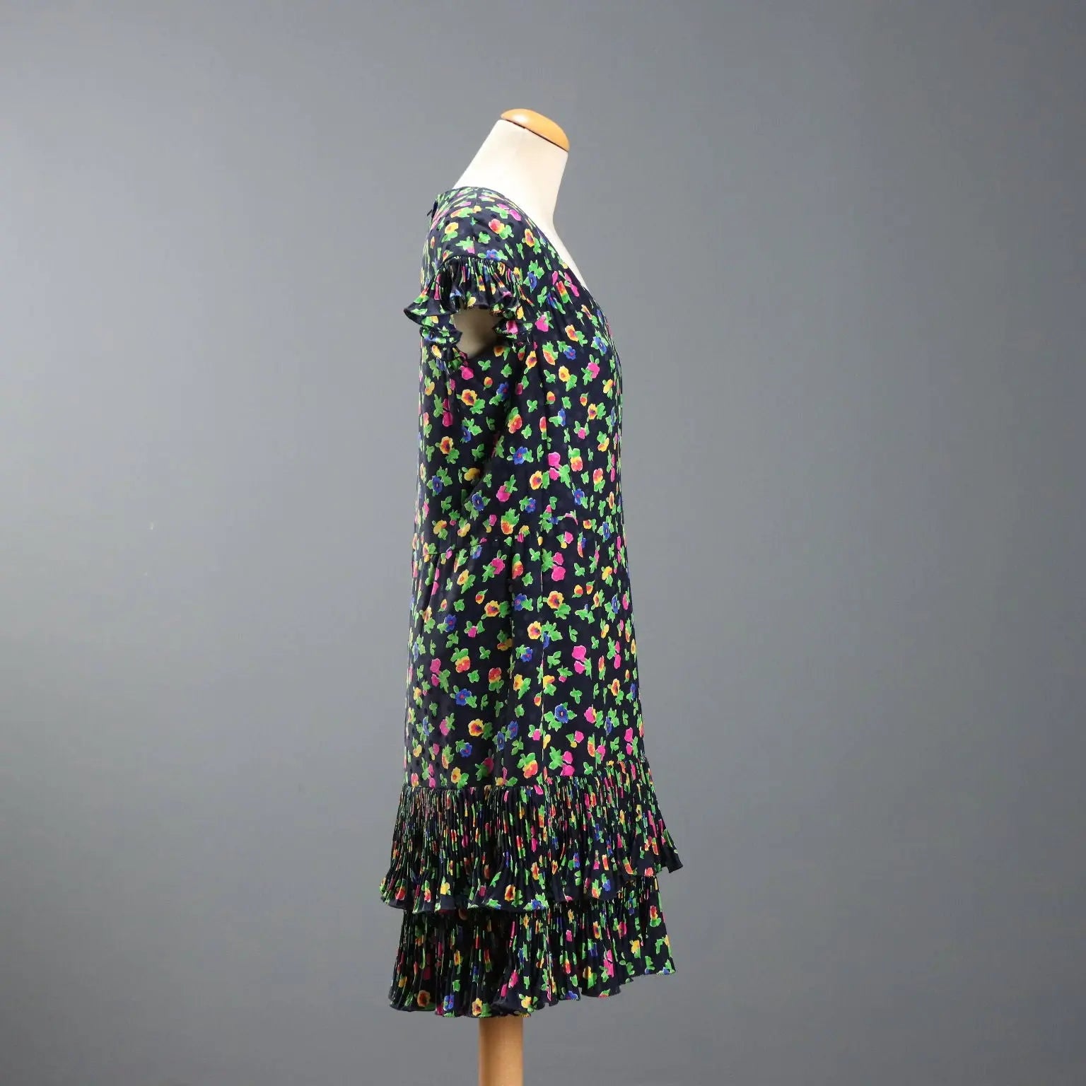 Vintage Dress Flowered Silk Multicoloured UK Size 12 1980s