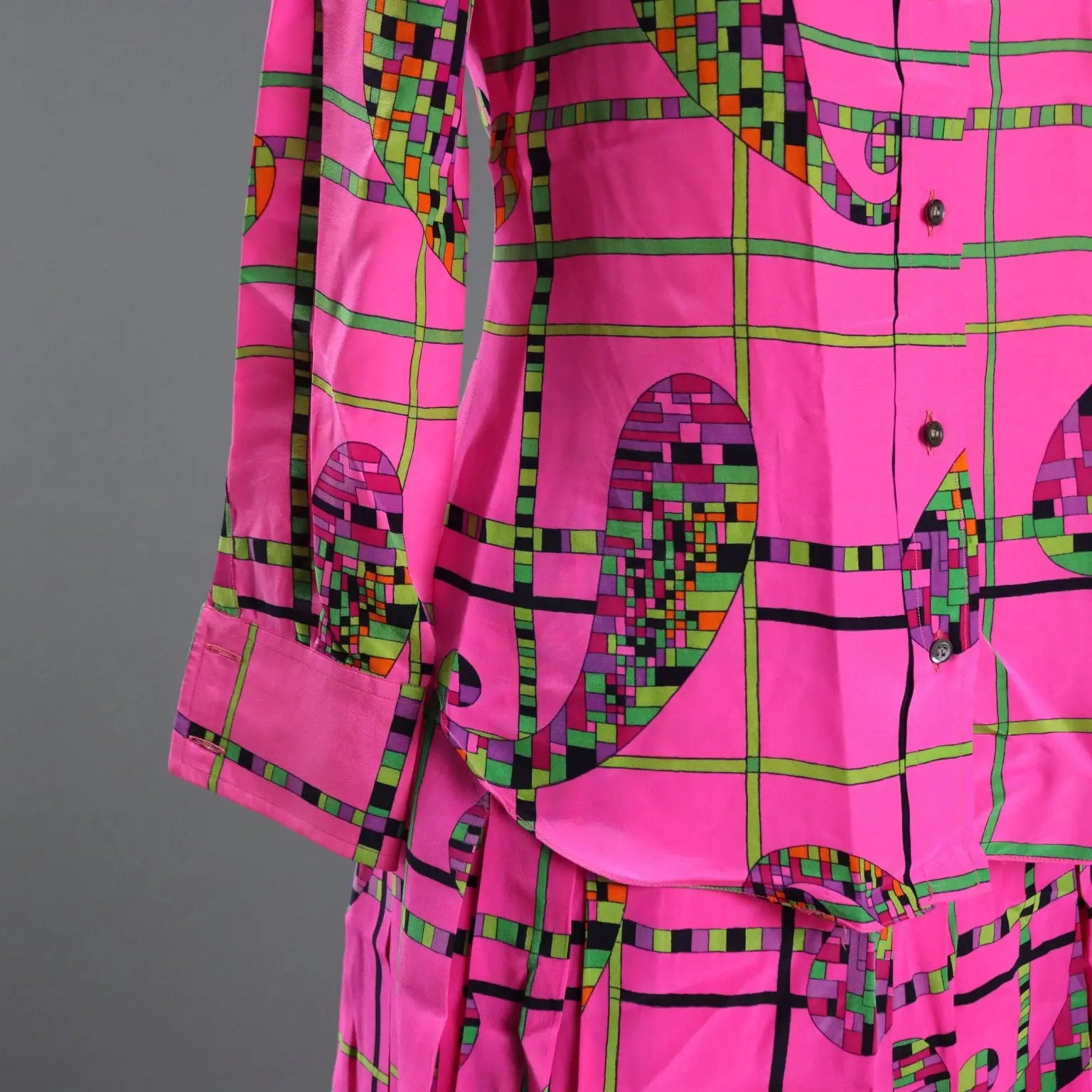 Vintage Eclat Suit Silk Geometric Pattern UK Size 14 Italy 1970s