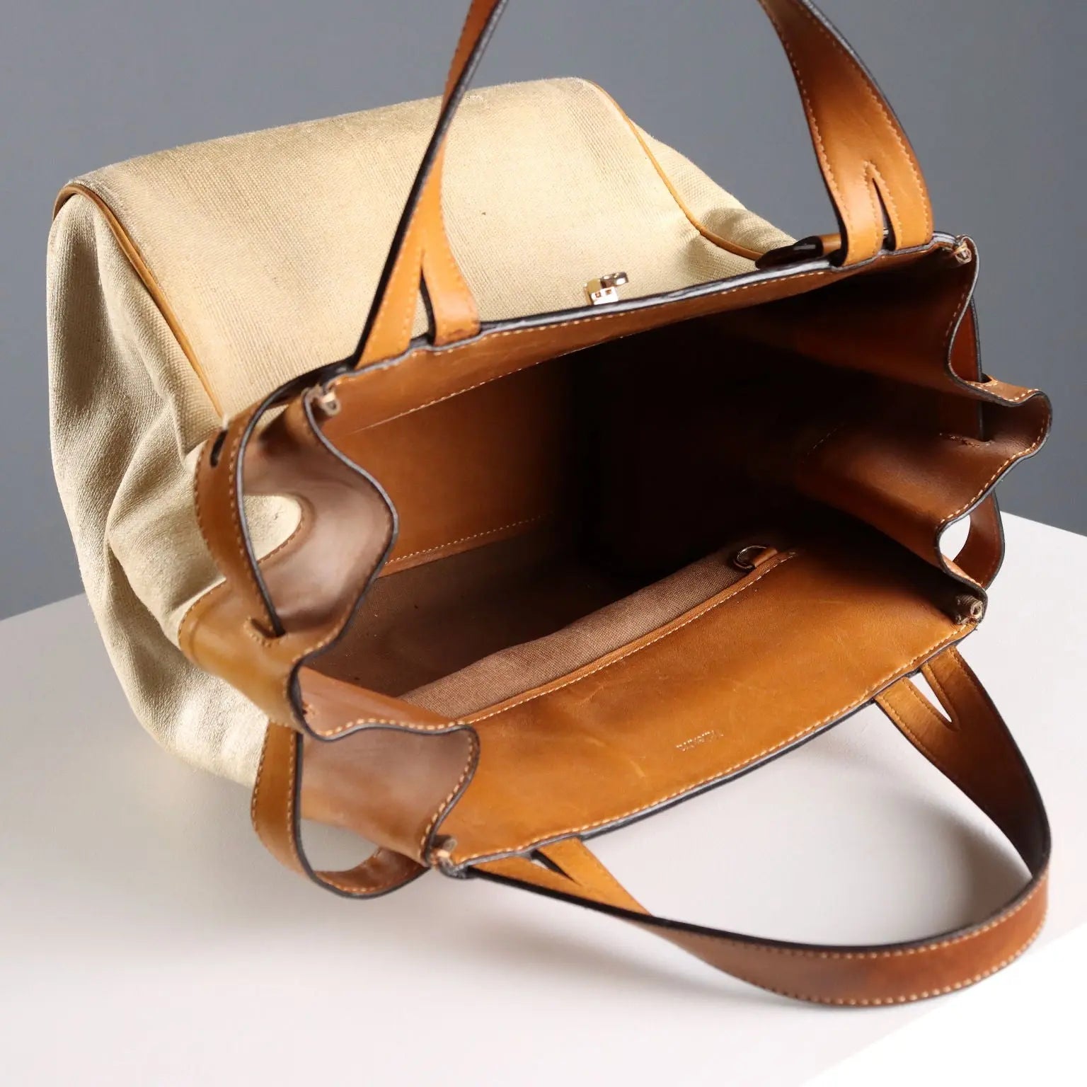 Valextra Cube Bag Vintage Canvas Leather Italy 1980s-1990s
