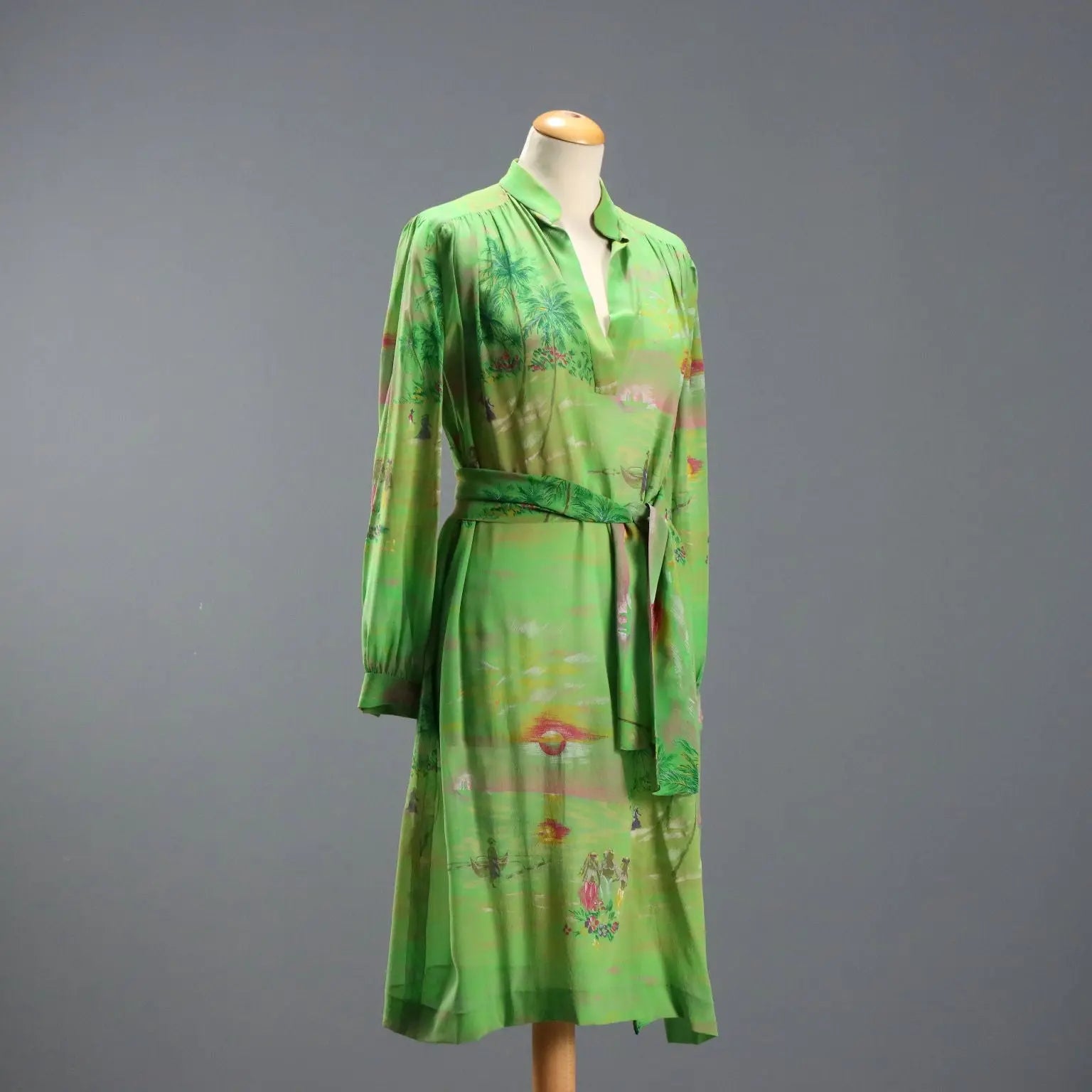 Mila Schön Green Vintage Dress Exotic Print UK Size 12 1980s