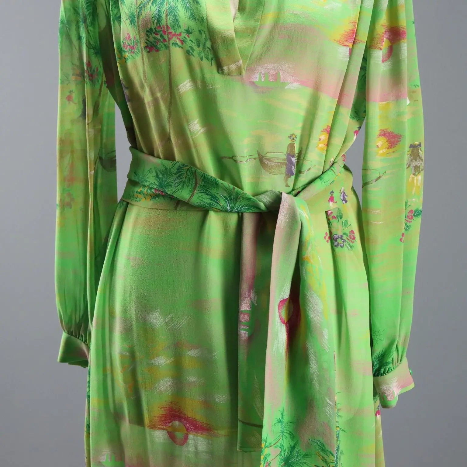 Mila Schön Green Vintage Dress Exotic Print UK Size 12 1980s