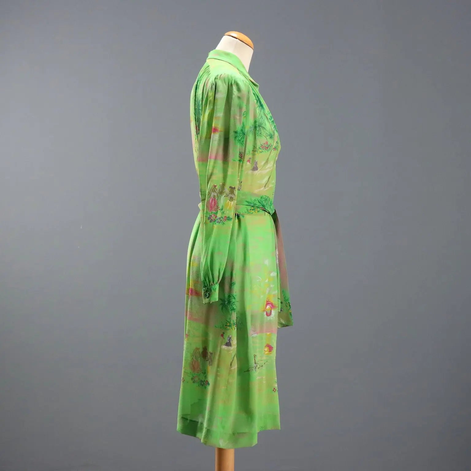 Mila Schön Green Vintage Dress Exotic Print UK Size 12 1980s