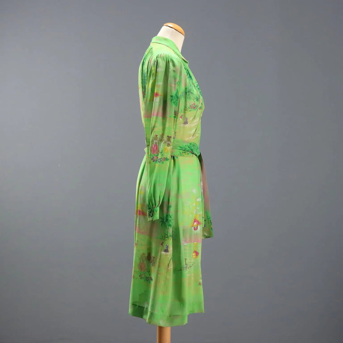 Mila Schön Green Vintage Dress Exotic Print UK Size 12 1980s
