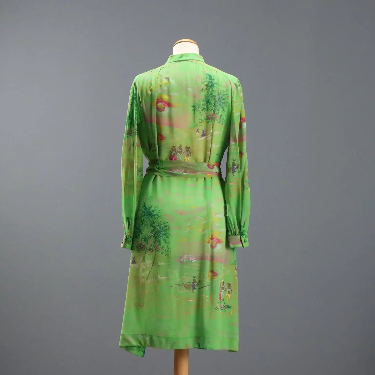 Mila Schön Green Vintage Dress Exotic Print UK Size 12 1980s