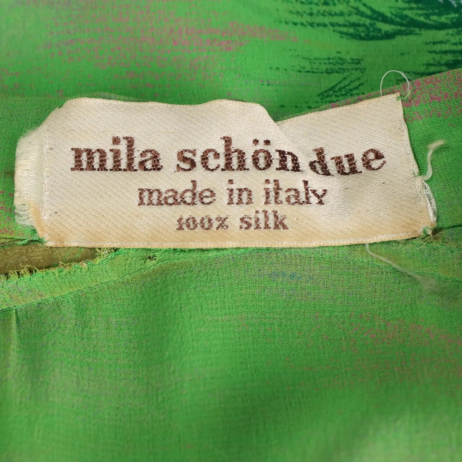 Mila Schön Green Vintage Dress Exotic Print UK Size 12 1980s