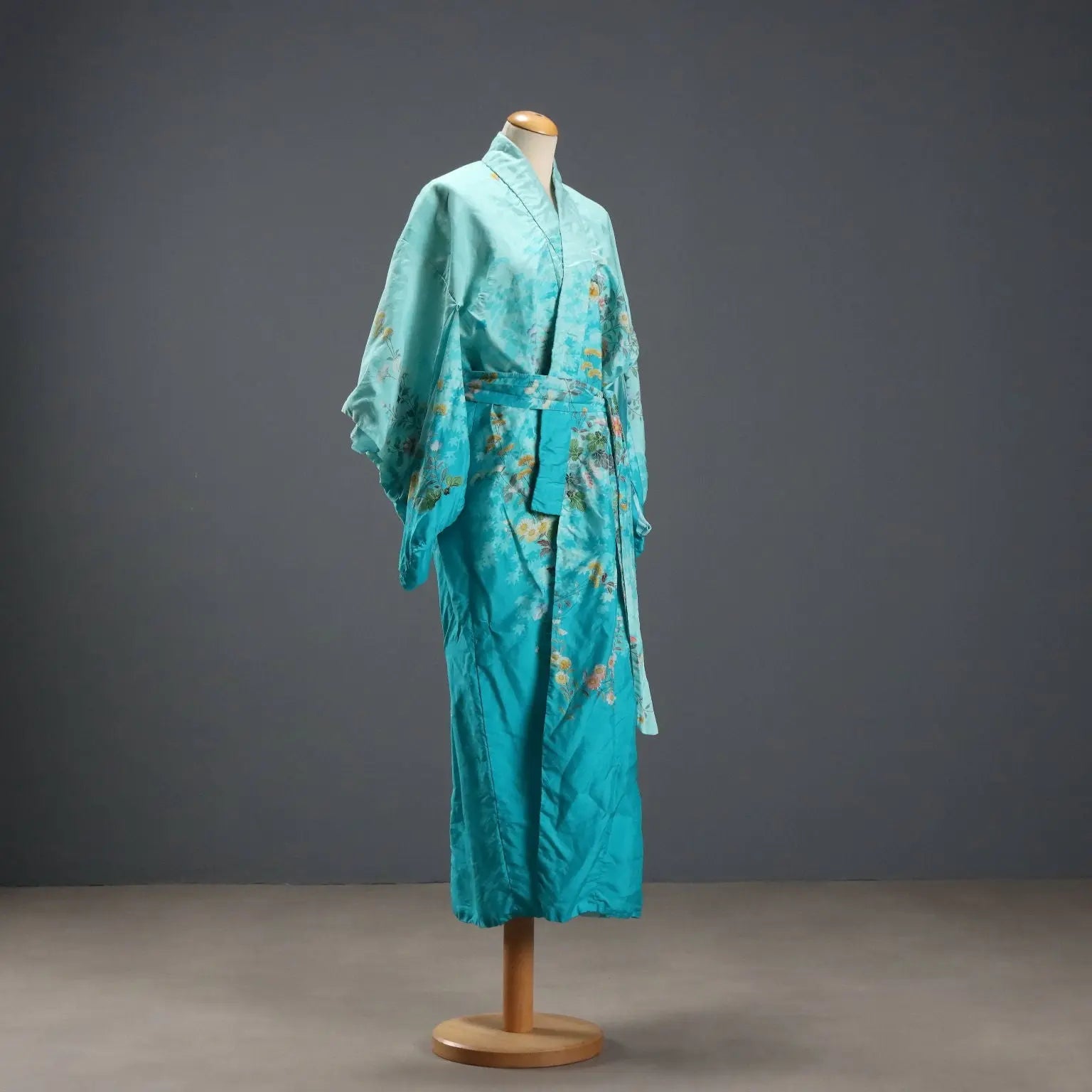 Vintage Turquoise Kimono Satin Unique Size Japan 1970s
