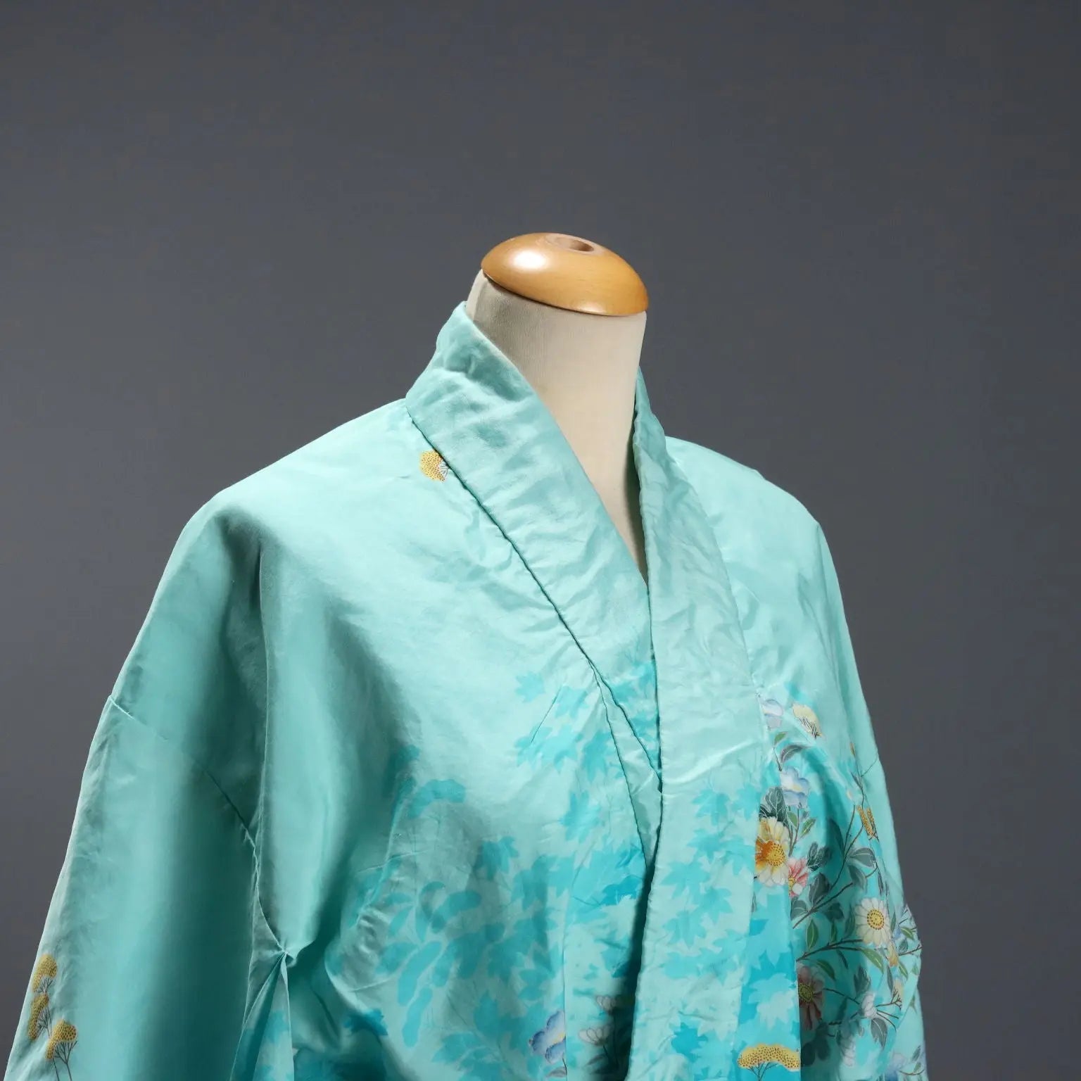 Vintage Turquoise Kimono Satin Unique Size Japan 1970s