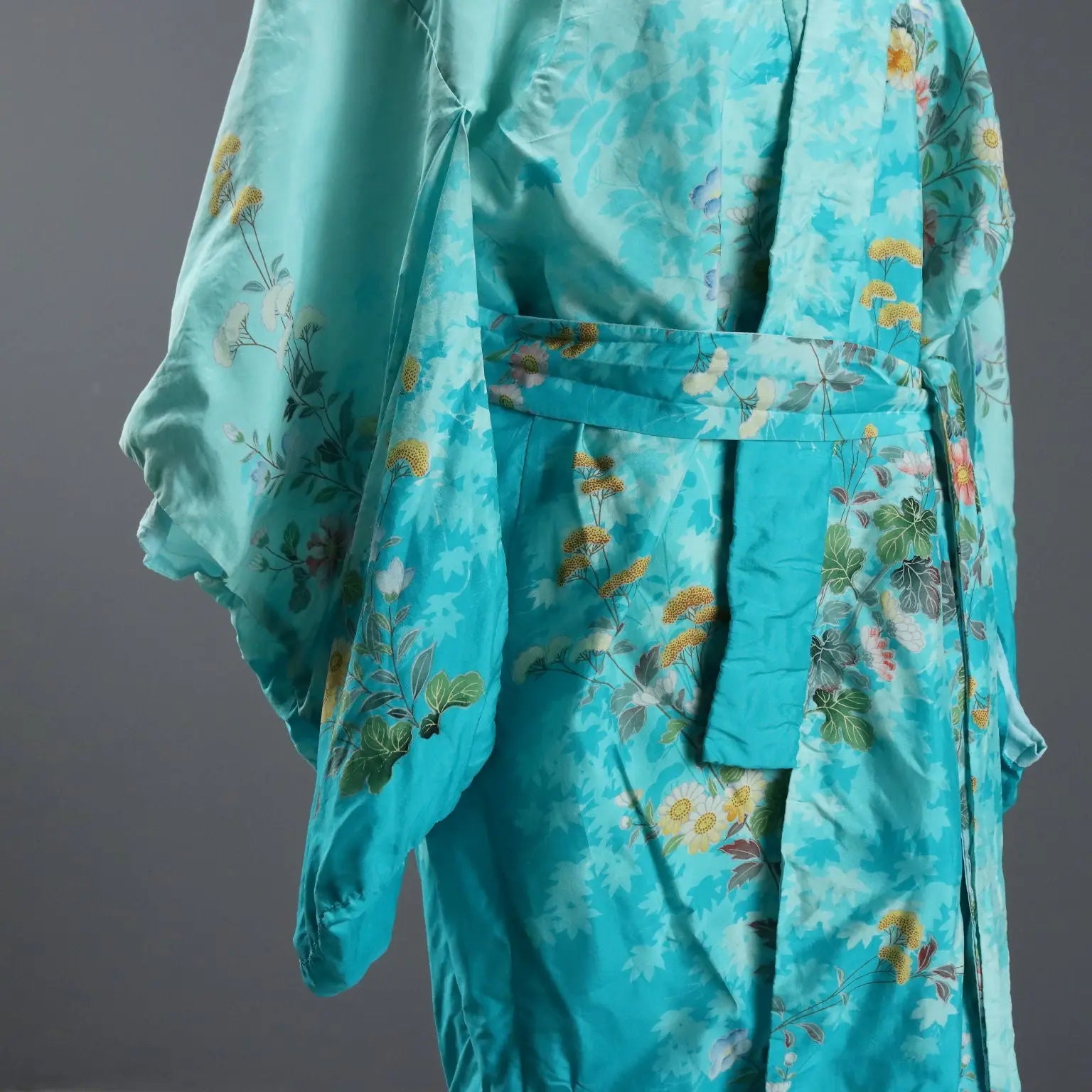 Vintage Turquoise Kimono Satin Unique Size Japan 1970s